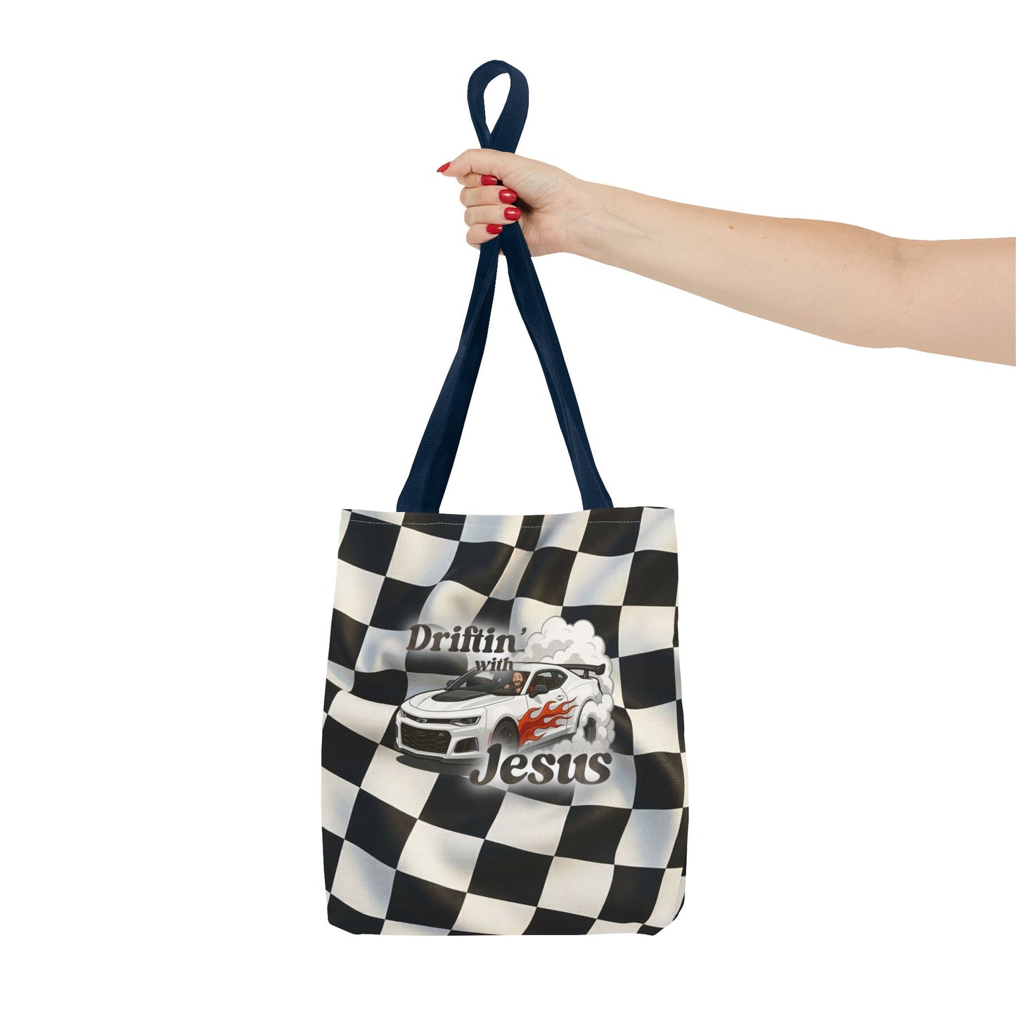 Driftin' with Jesus Racing Tote Bag - Checkered Flag Christian Car Gift