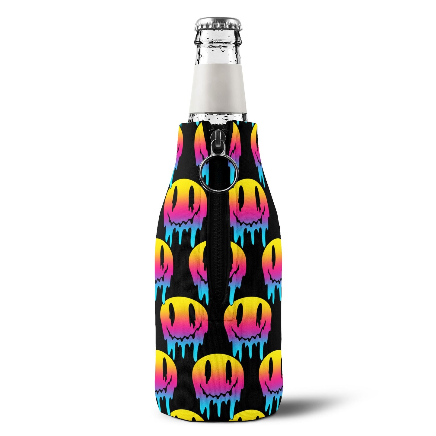 Zip-Up Bottle Cooler Sleeve — Neon Drip Smiley Can Cooler
