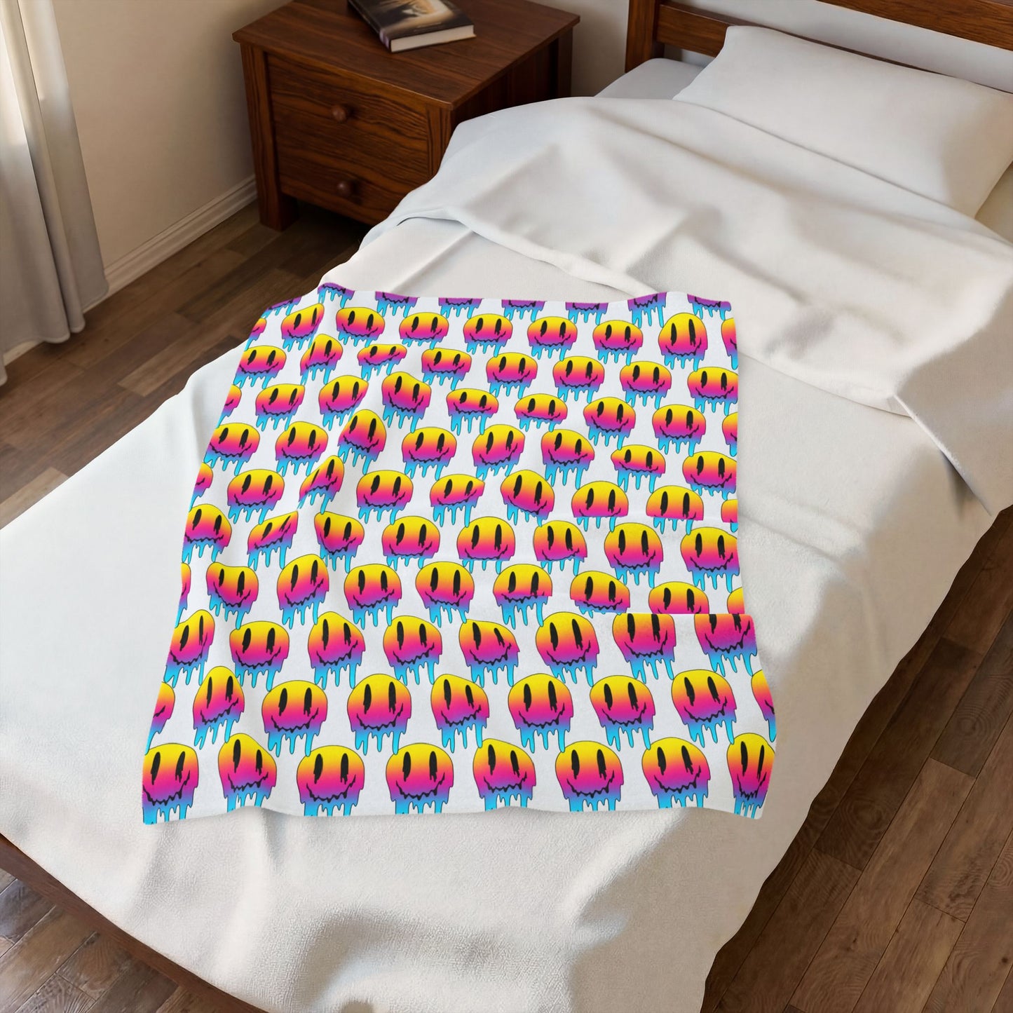 Velveteen Plush Blanket — Colorful Dripping Smiley Face Throw for Teens & Pop Art Lovers