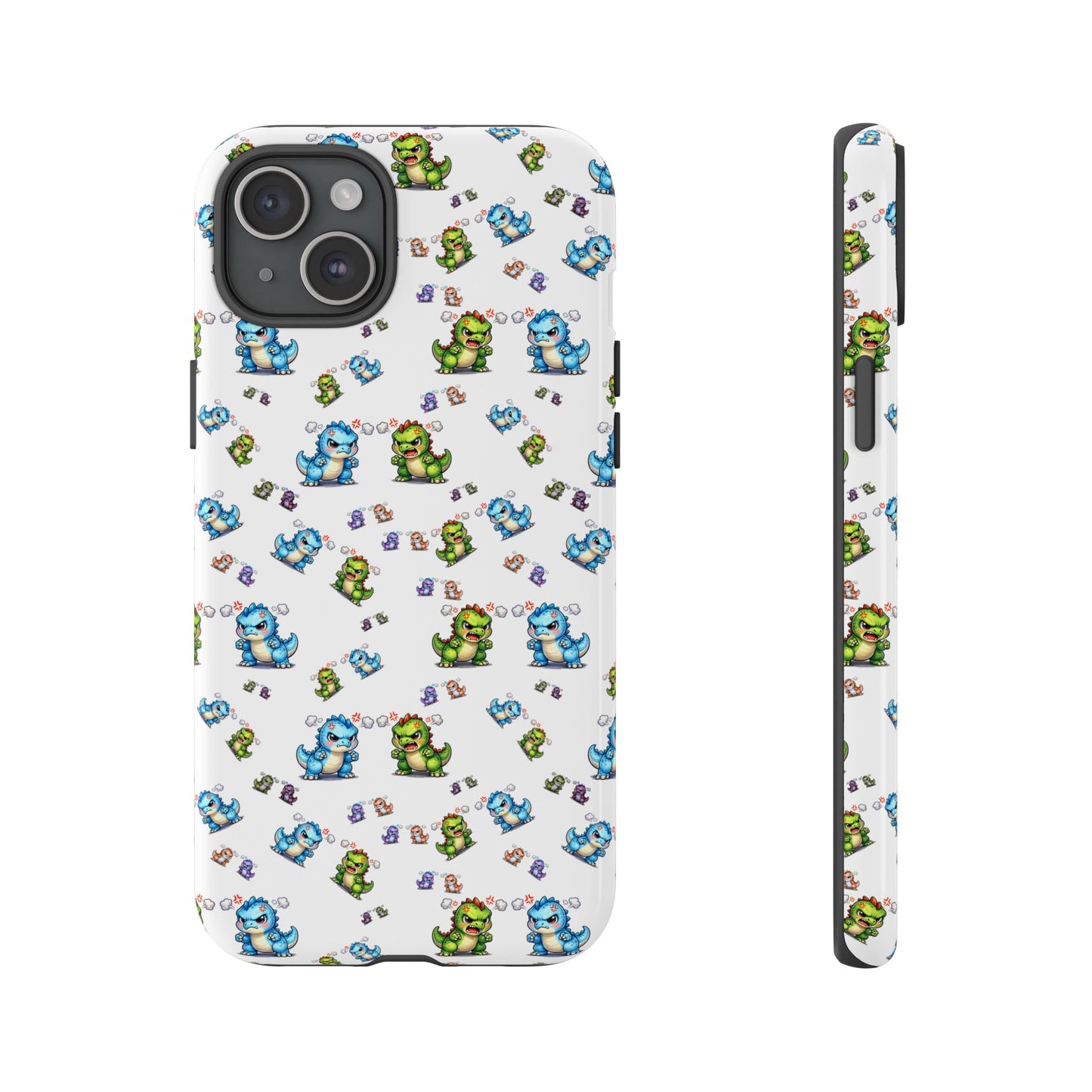 Cute Dino Pattern Phone Case — Cartoon Green & Blue Dino Tough Case, Protective iPhone Cover