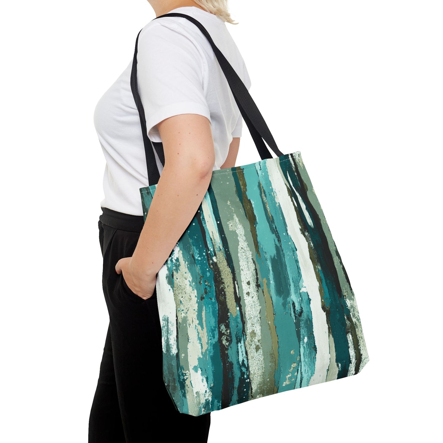 Abstract Teal Stripes Tote Bag — Vertical Brushstroke Pattern