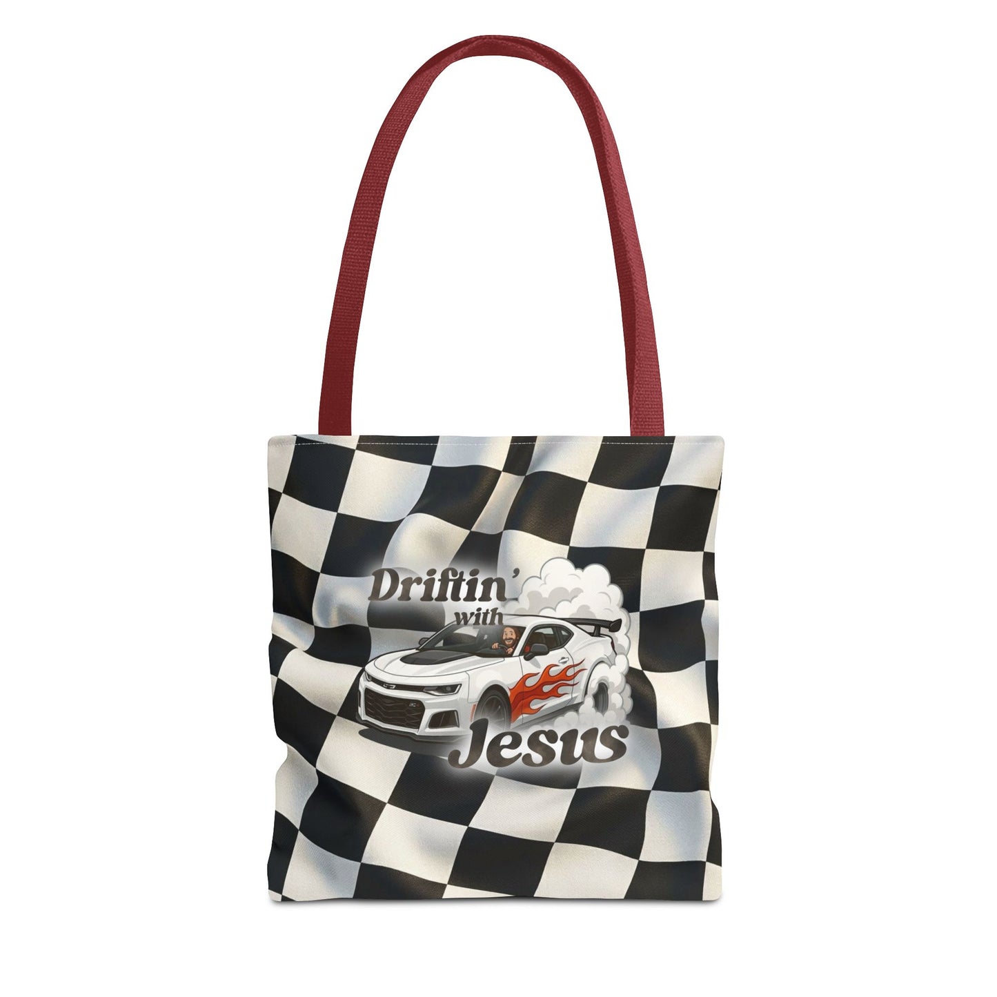 Driftin' with Jesus Racing Tote Bag - Checkered Flag Christian Car Gift