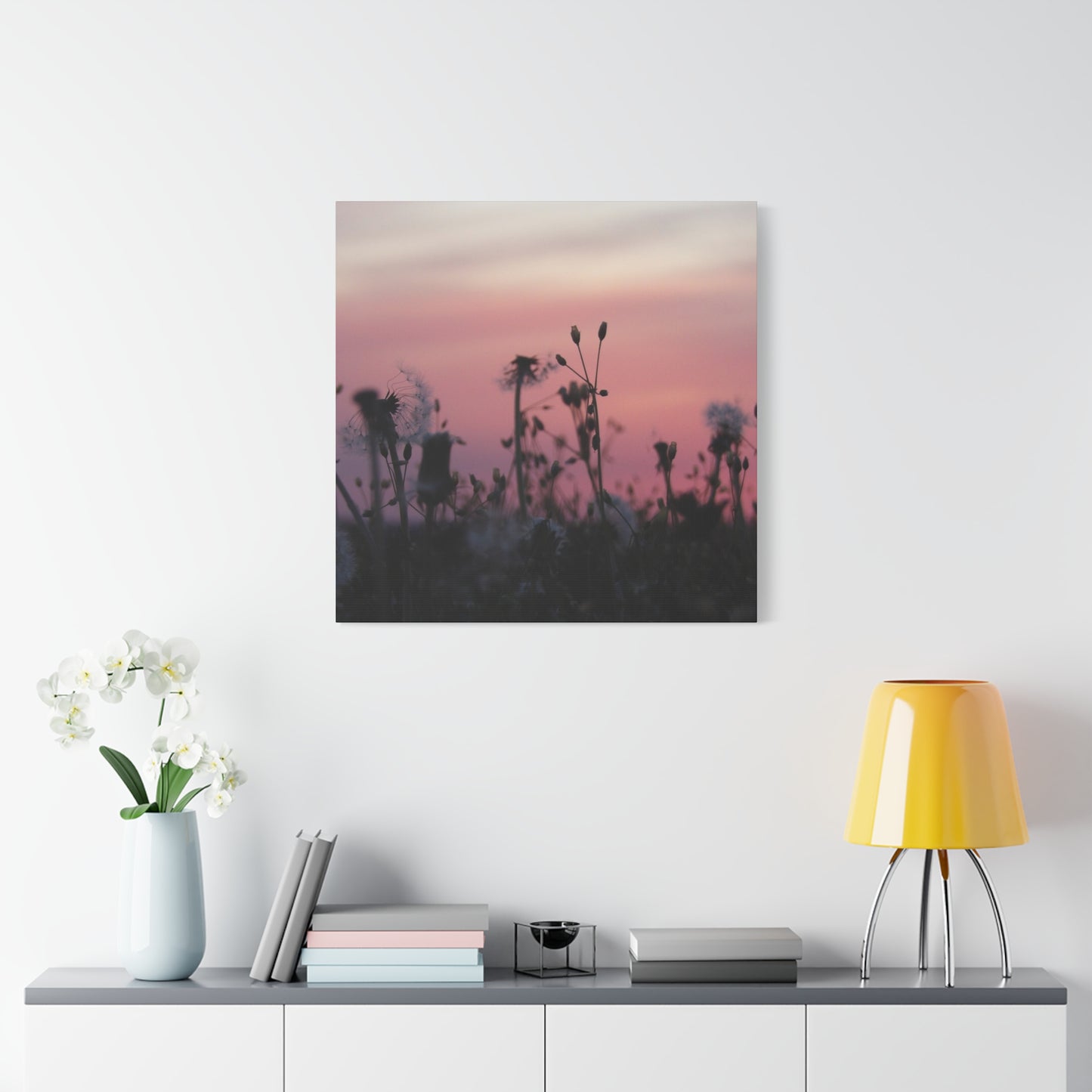Canvas Wall Art - Silhouetted Wildflowers at Pink Sunset