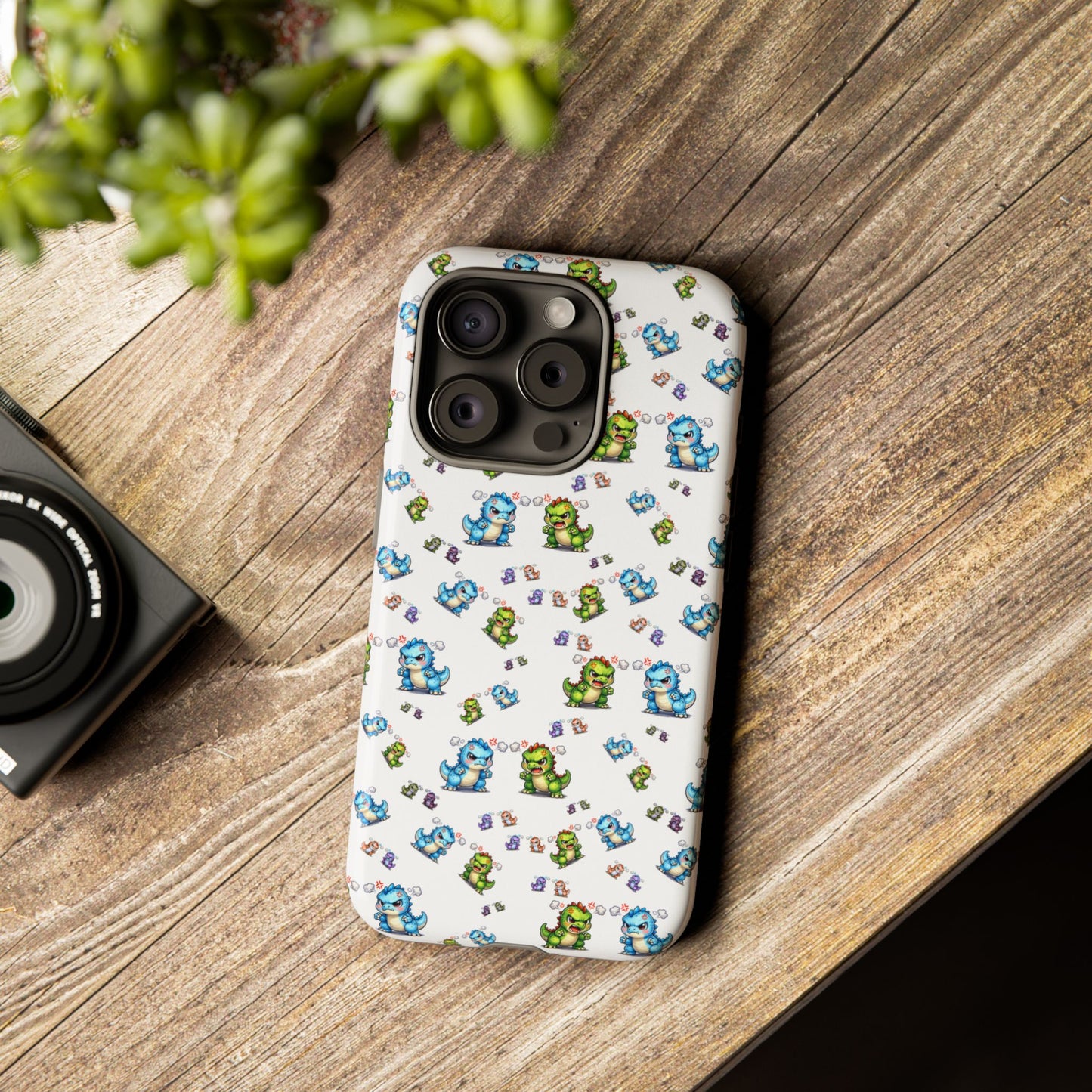 Cute Dino Pattern Phone Case — Cartoon Green & Blue Dino Tough Case, Protective iPhone Cover