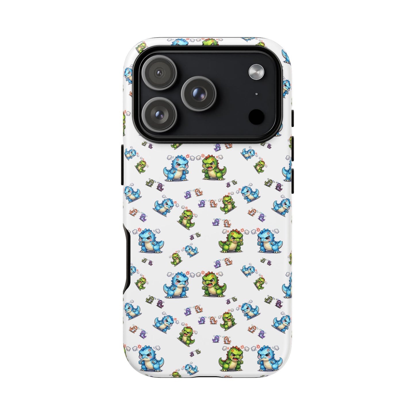 Cute Dino Pattern Phone Case — Cartoon Green & Blue Dino Tough Case, Protective iPhone Cover