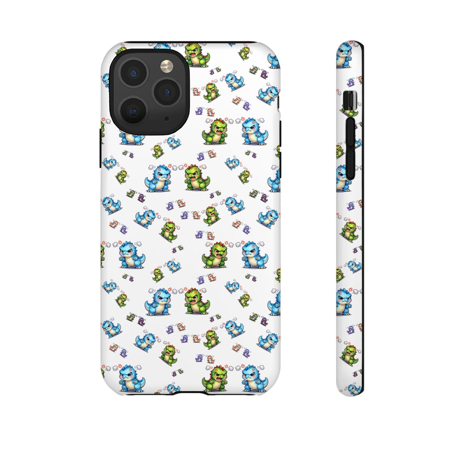 Cute Dino Pattern Phone Case — Cartoon Green & Blue Dino Tough Case, Protective iPhone Cover