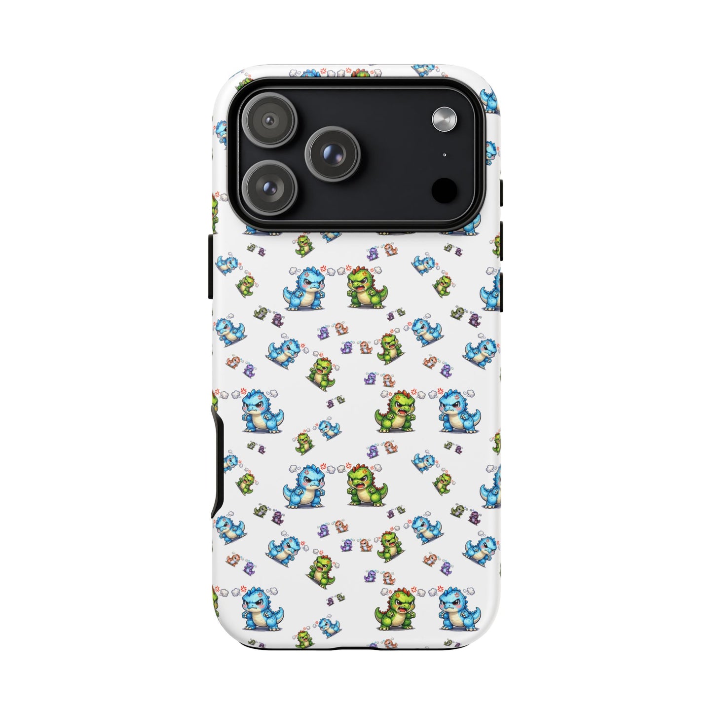 Cute Dino Pattern Phone Case — Cartoon Green & Blue Dino Tough Case, Protective iPhone Cover