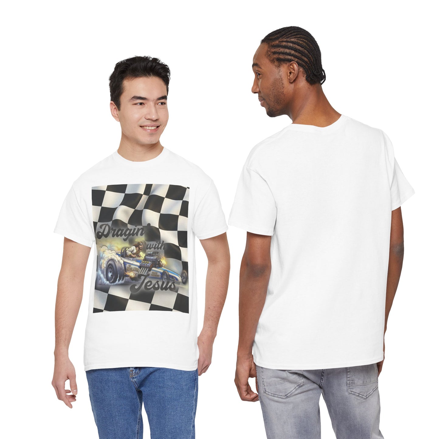 Racing Faith Tee – "Draggin' for Jesus" Checkered Flag Racing T-Shirt