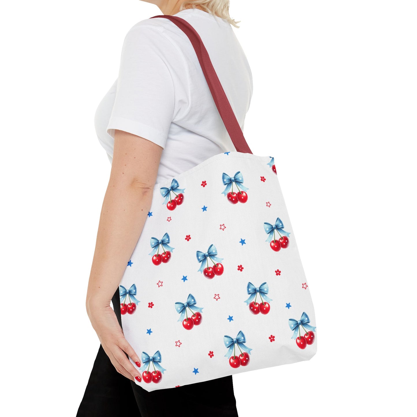 Cherry Bow Tote Bag — Cute Red Cherries with Blue Bows Patterned Shopper
