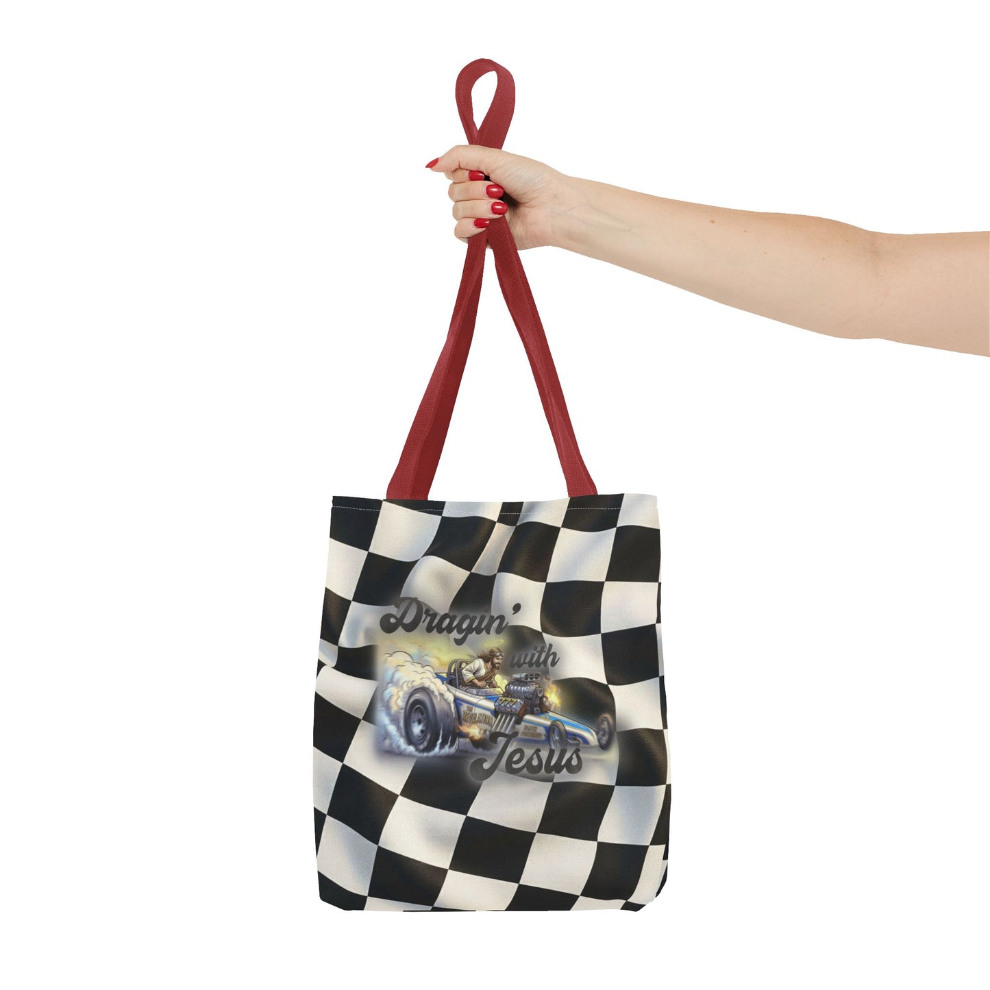 Dragin' Jesus Racing Tote Bag — Checkered Flag Vintage Hot Rod Tote