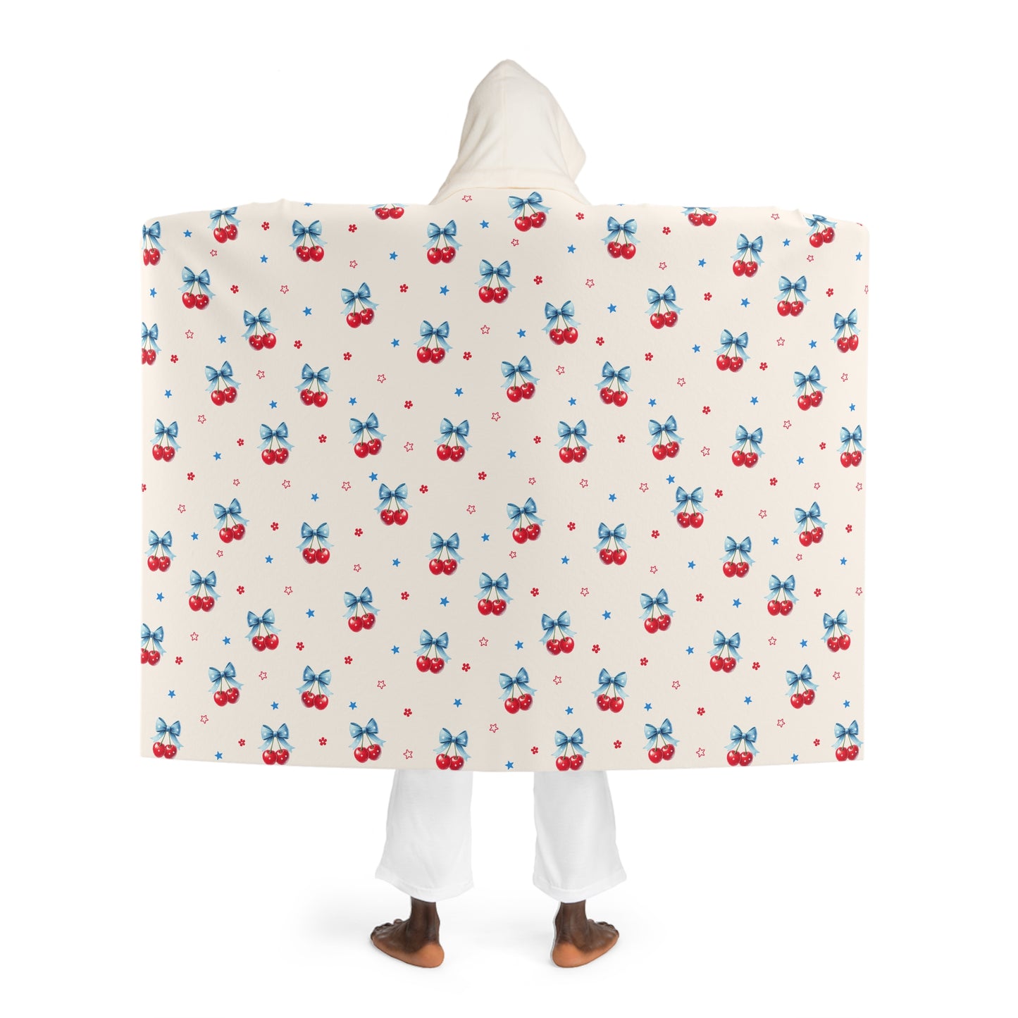 Hooded Sherpa Blanket – Cozy Red & Blue Cherry Fleece Throw