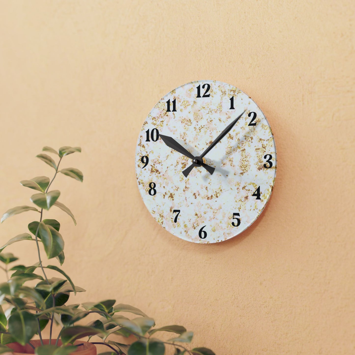 Marble Accent Acrylic Wall Clock — Elegant Gold Fleck Home Decor