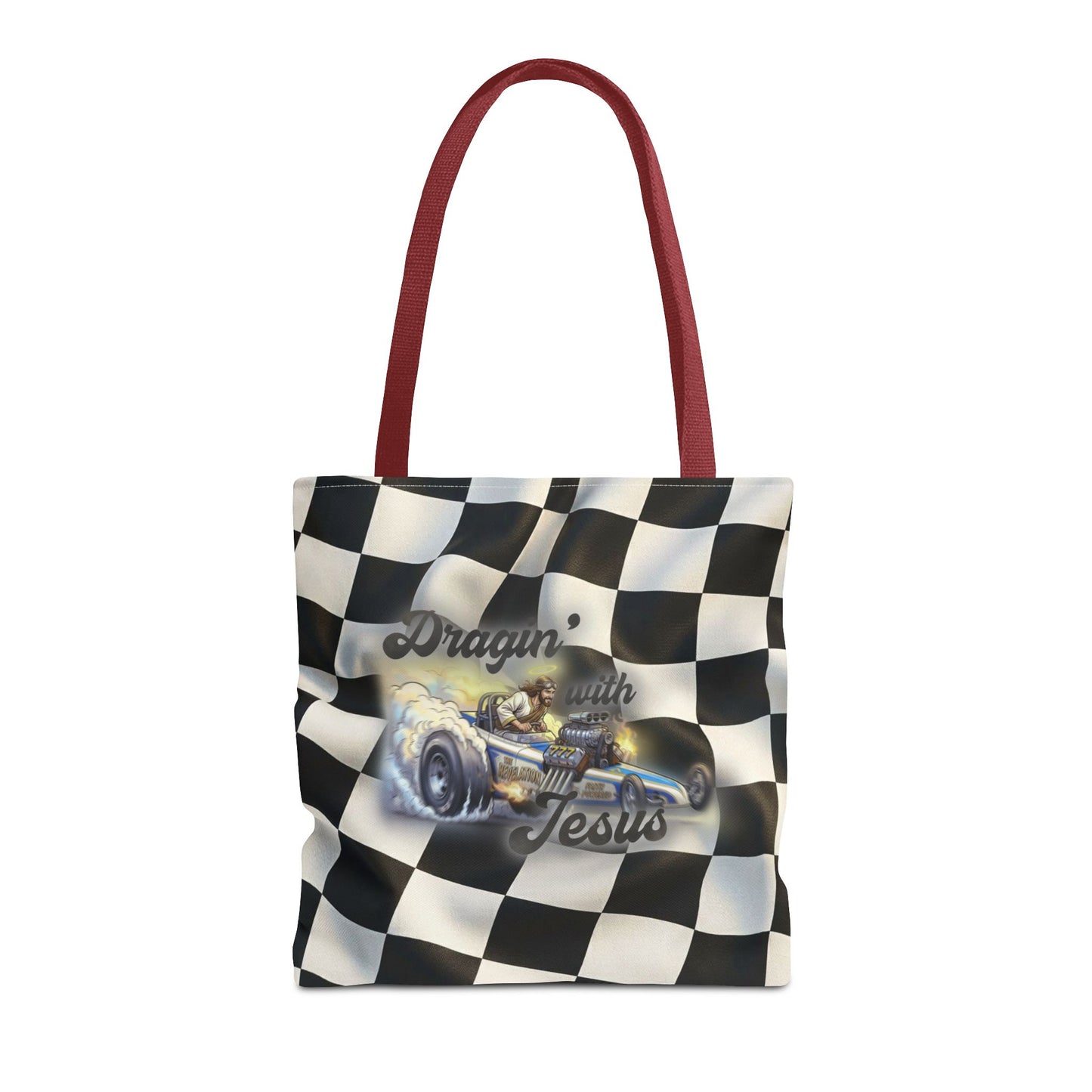 Dragin' Jesus Racing Tote Bag — Checkered Flag Vintage Hot Rod Tote