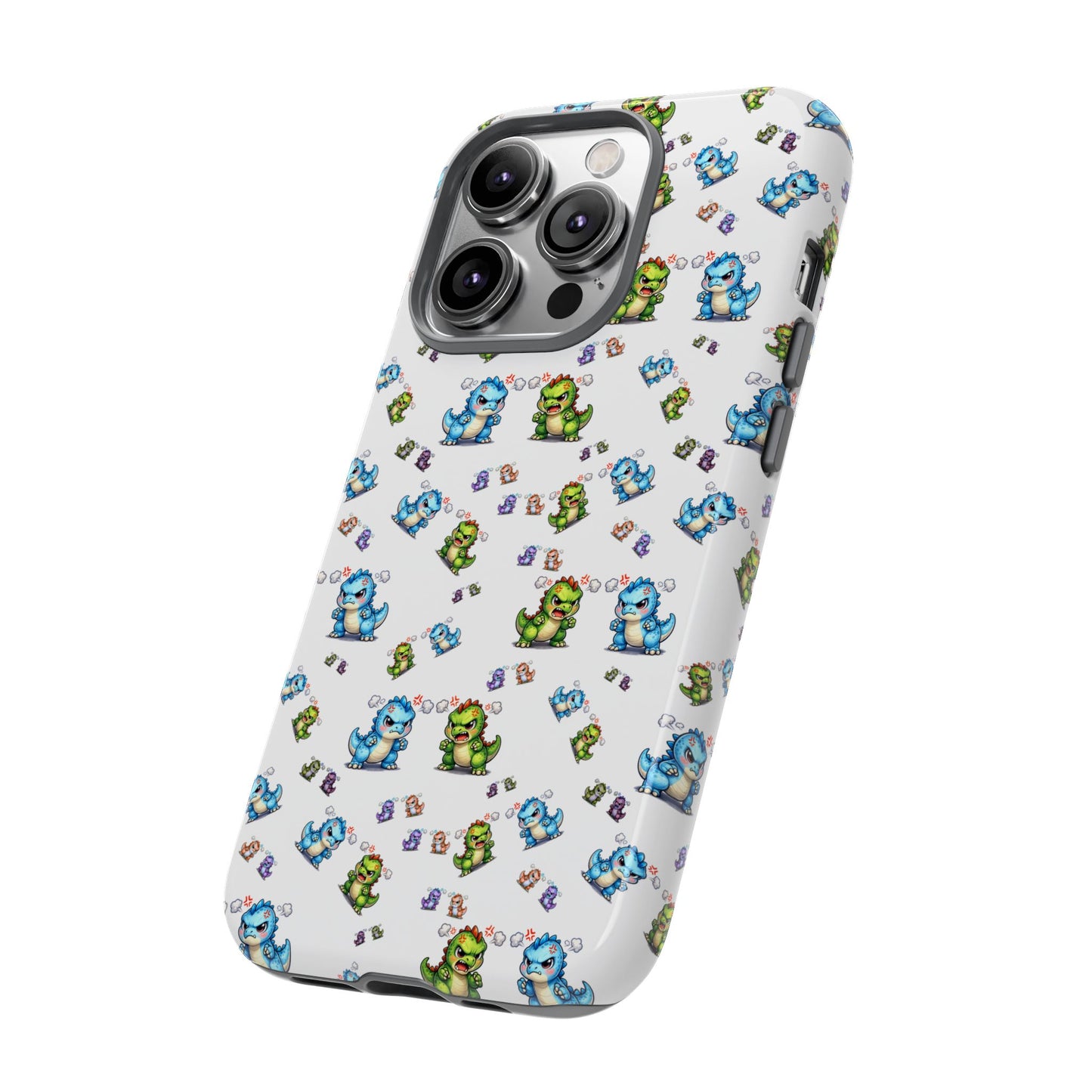 Cute Dino Pattern Phone Case — Cartoon Green & Blue Dino Tough Case, Protective iPhone Cover