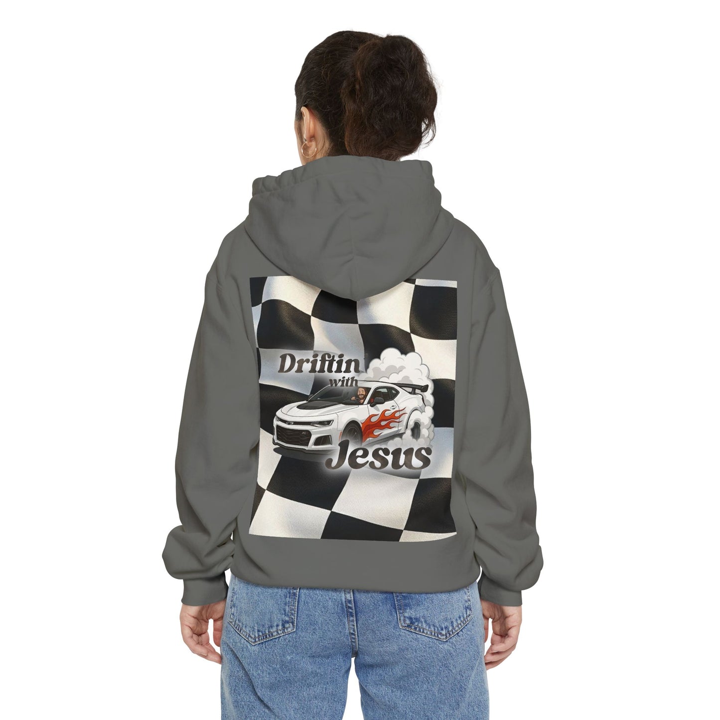Classic Car Hoodie — Small Chest Graphic “drifting with jesus" Pullover