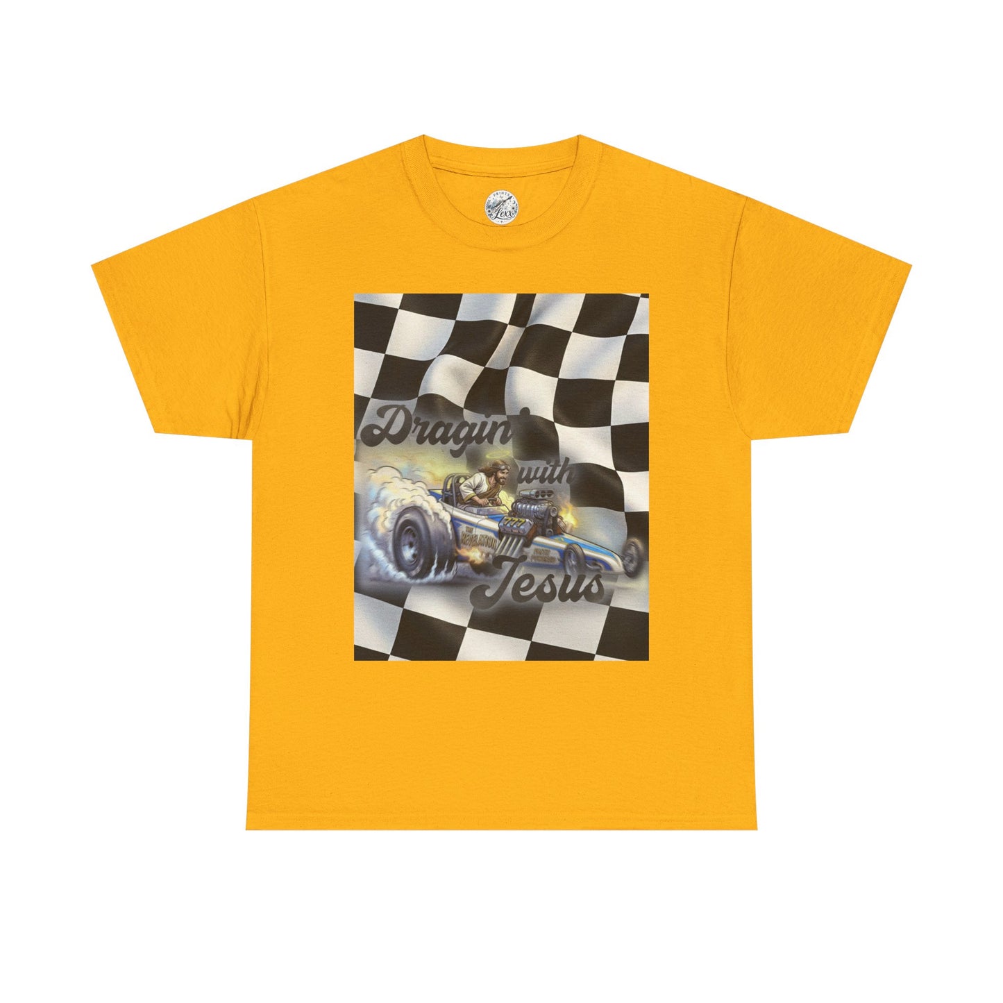 Racing Faith Tee – "Draggin' for Jesus" Checkered Flag Racing T-Shirt