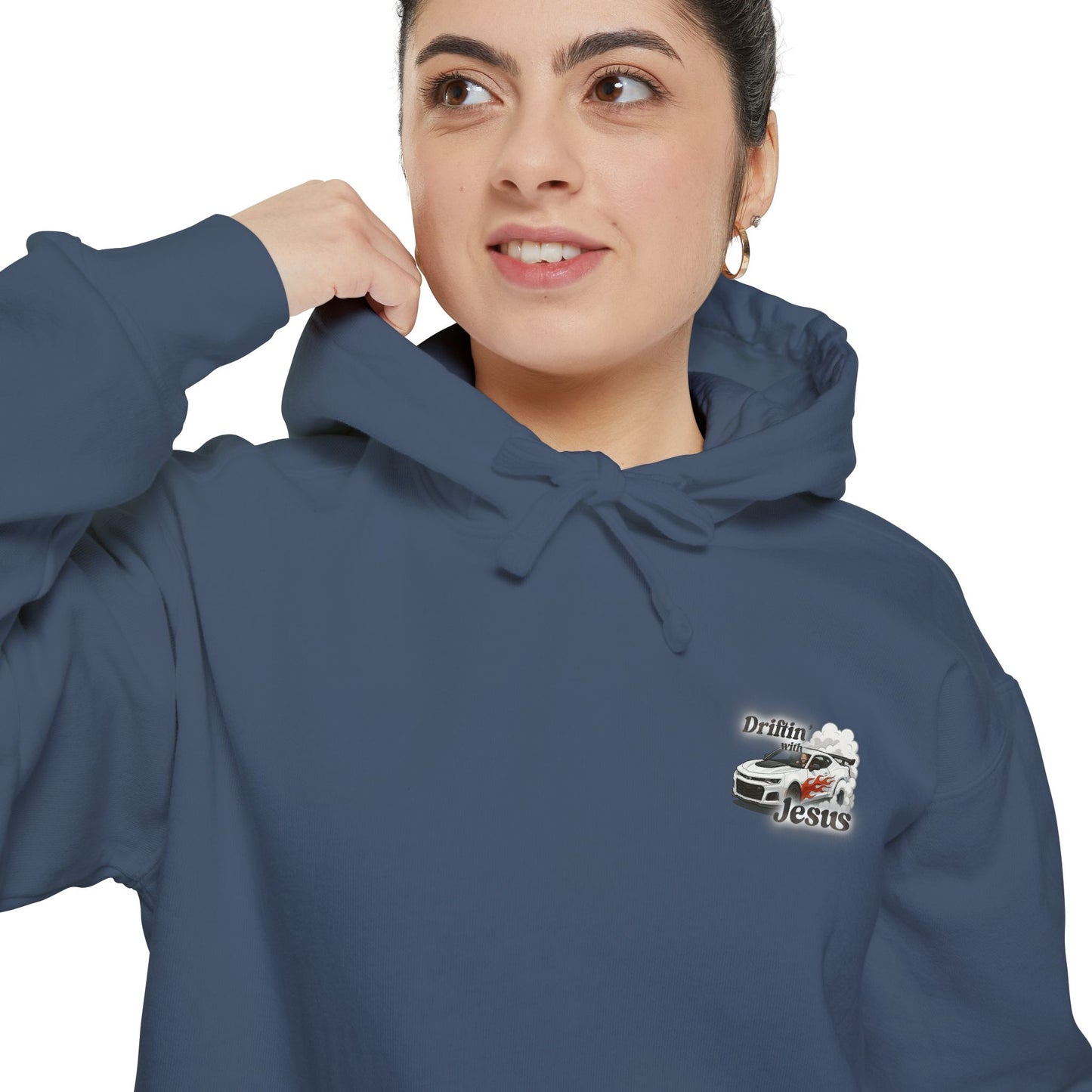 Classic Car Hoodie — Small Chest Graphic “drifting with jesus" Pullover