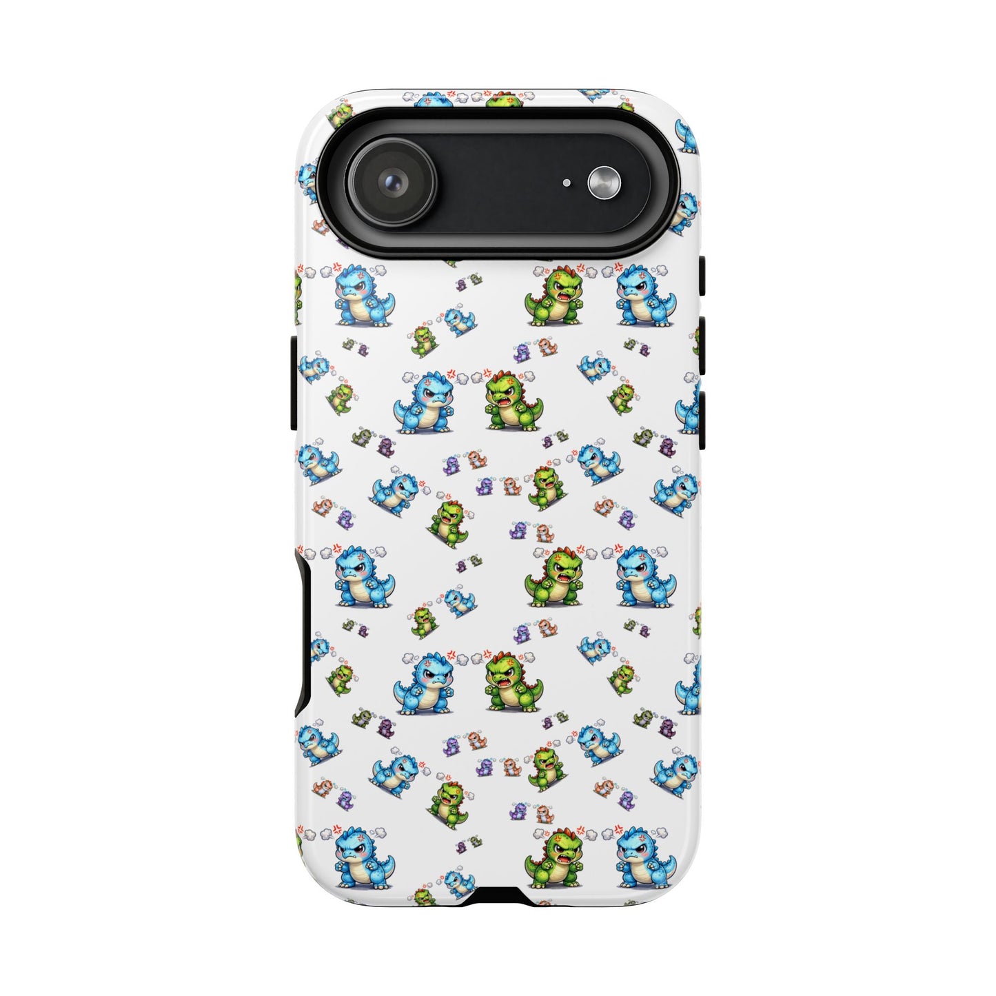 Cute Dino Pattern Phone Case — Cartoon Green & Blue Dino Tough Case, Protective iPhone Cover