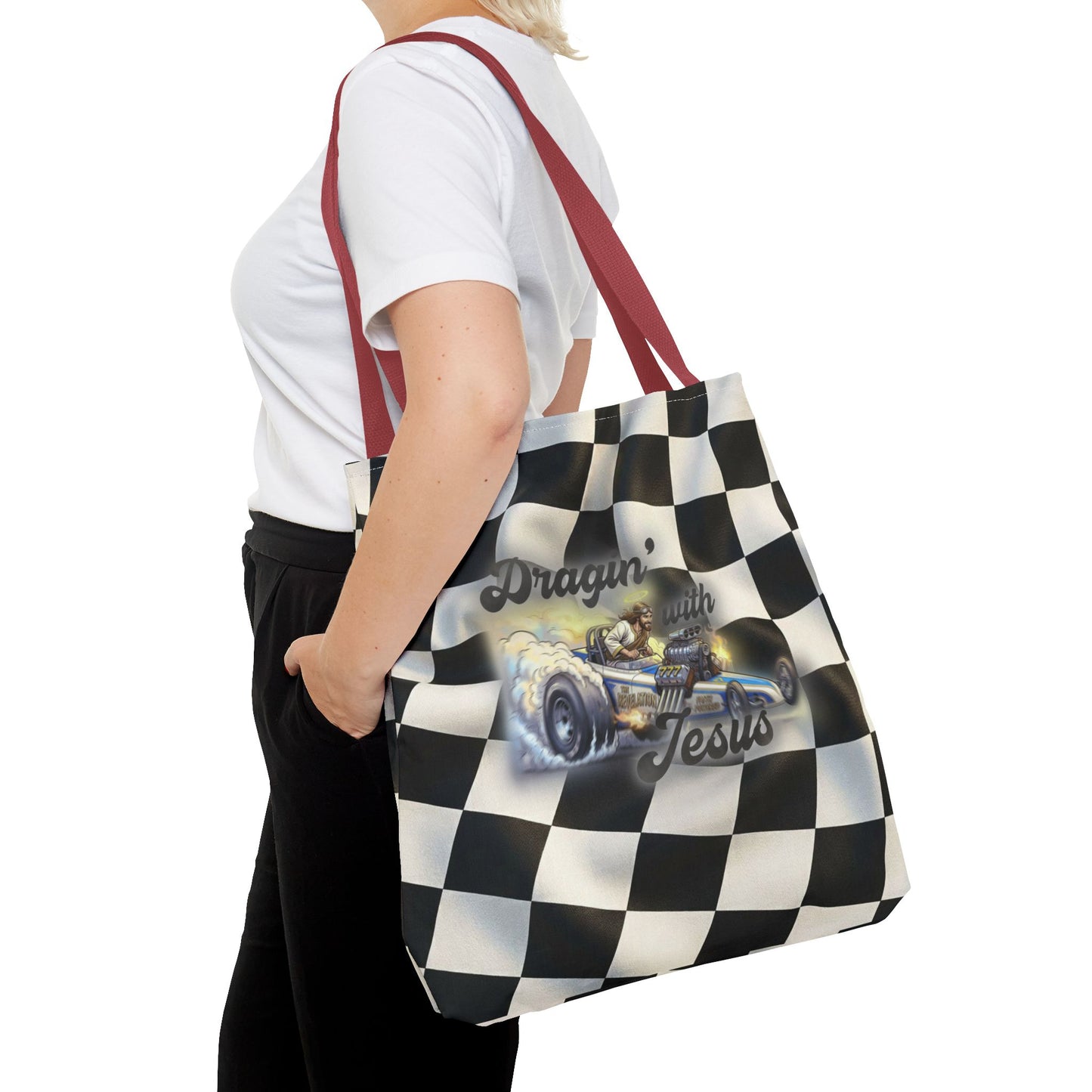 Dragin' Jesus Racing Tote Bag — Checkered Flag Vintage Hot Rod Tote