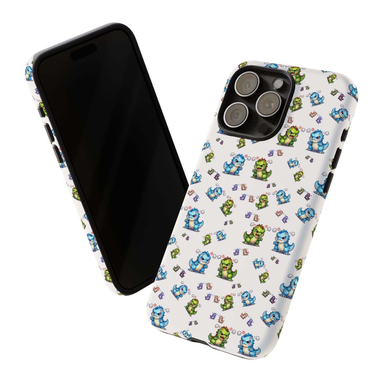 Cute Dino Pattern Phone Case — Cartoon Green & Blue Dino Tough Case, Protective iPhone Cover