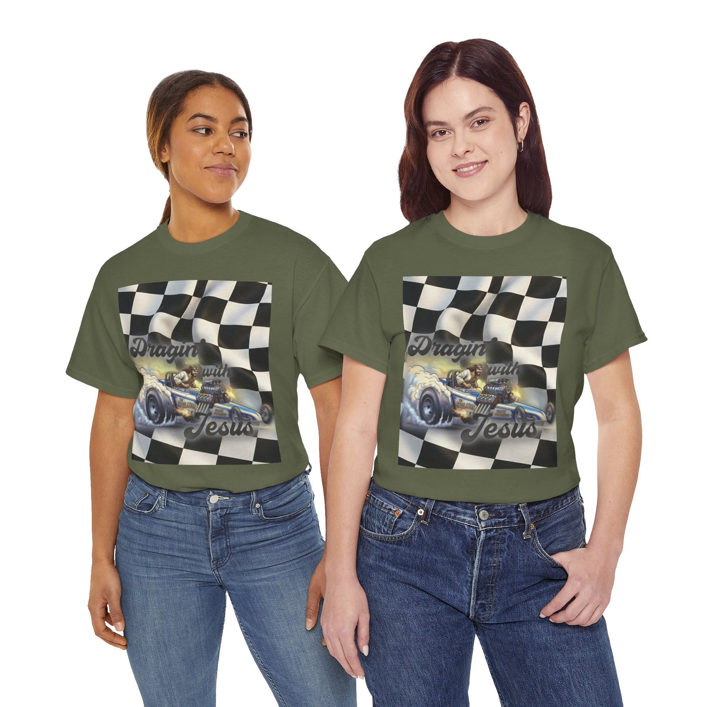 Racing Faith Tee – "Draggin' for Jesus" Checkered Flag Racing T-Shirt