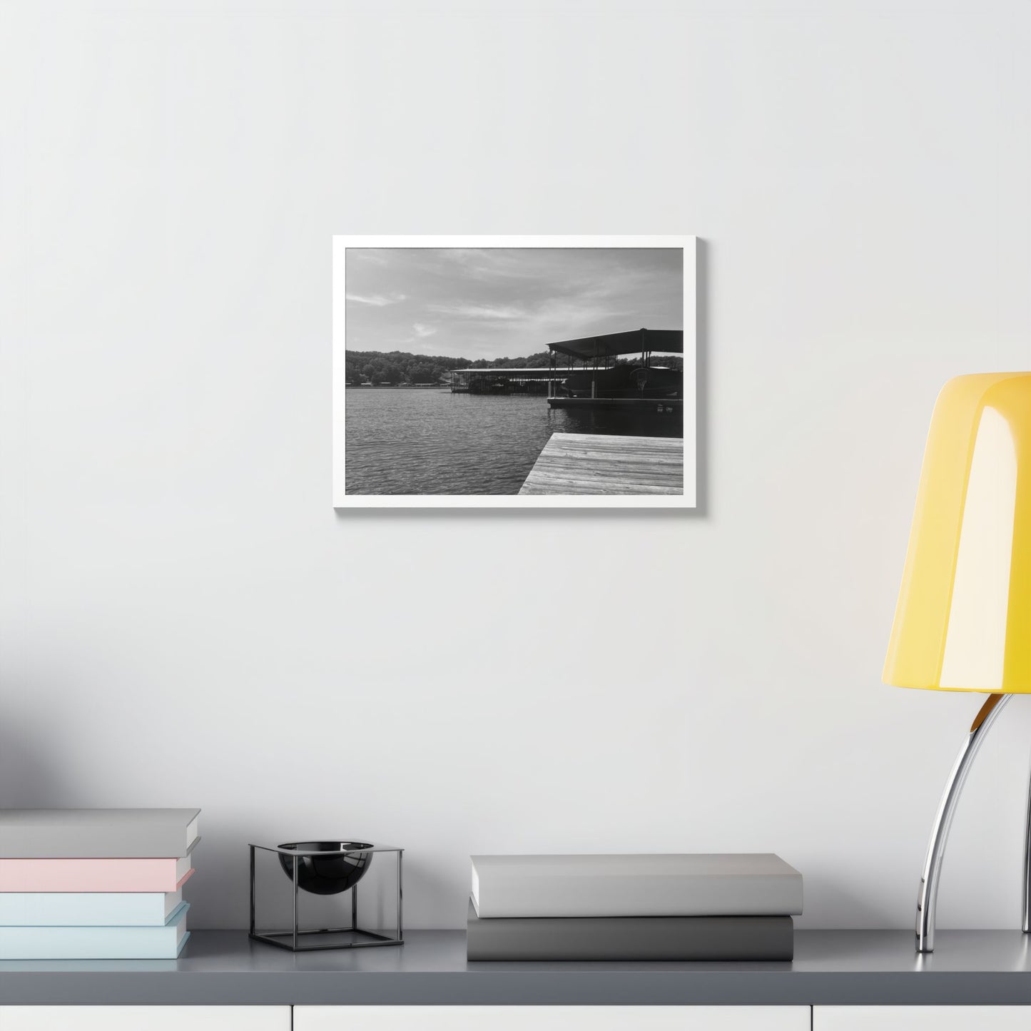 Lake Dock Framed Poster — Black & White Waterfront Wall Art