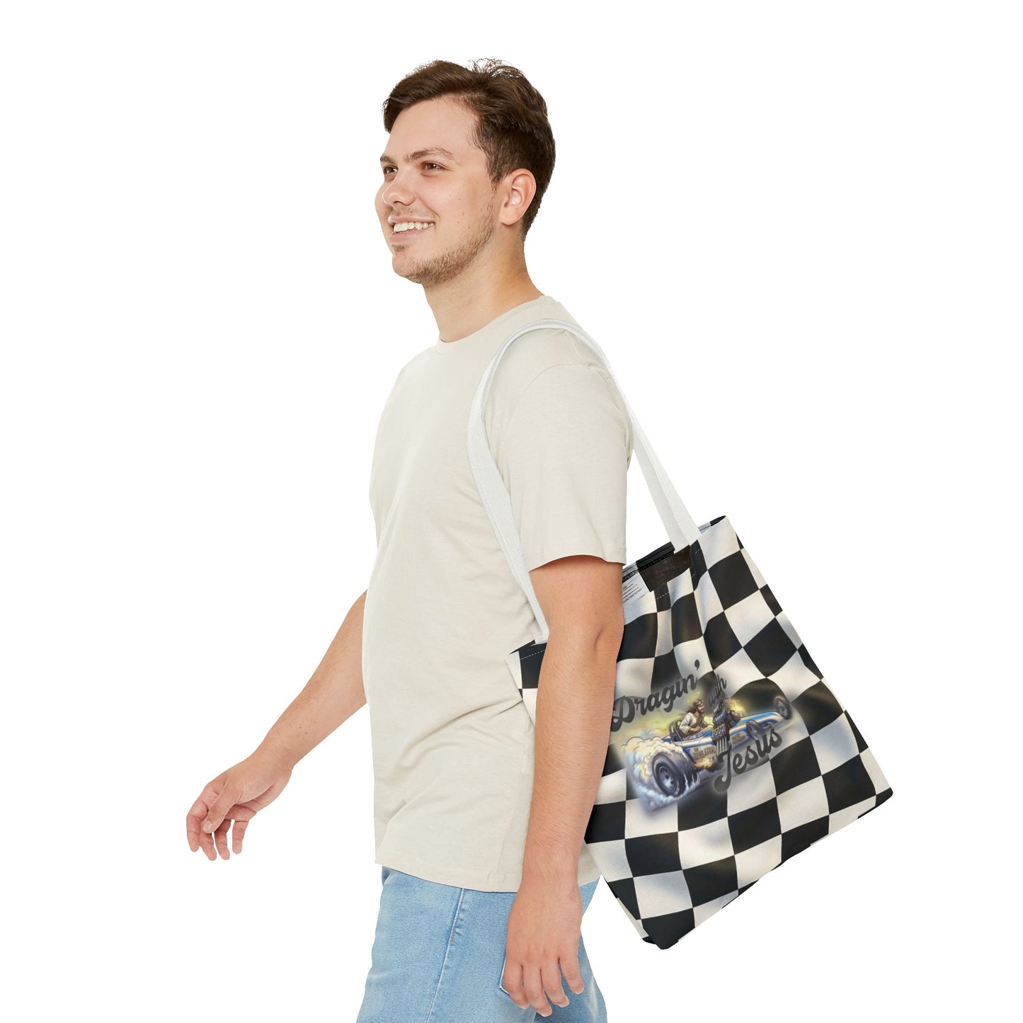 Dragin' Jesus Racing Tote Bag — Checkered Flag Vintage Hot Rod Tote