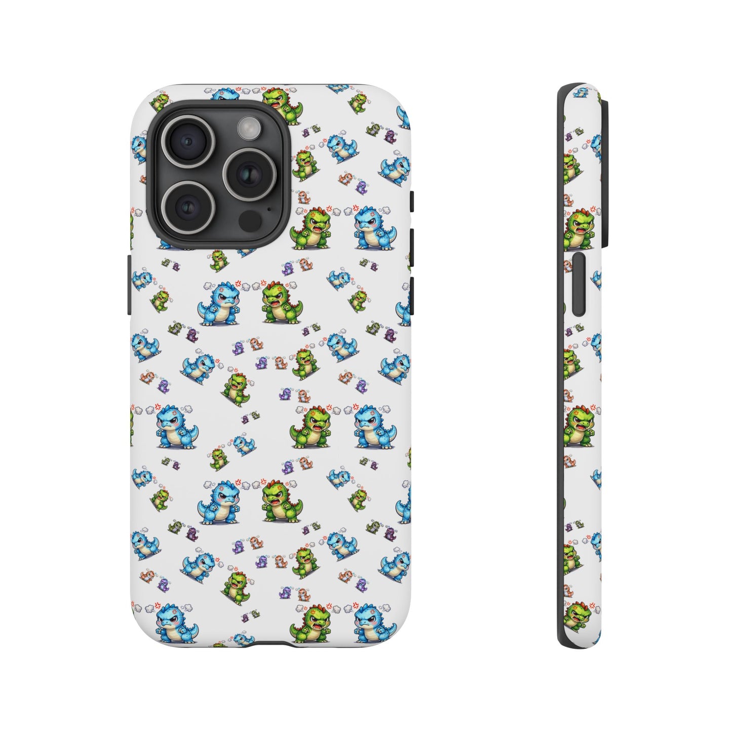 Cute Dino Pattern Phone Case — Cartoon Green & Blue Dino Tough Case, Protective iPhone Cover