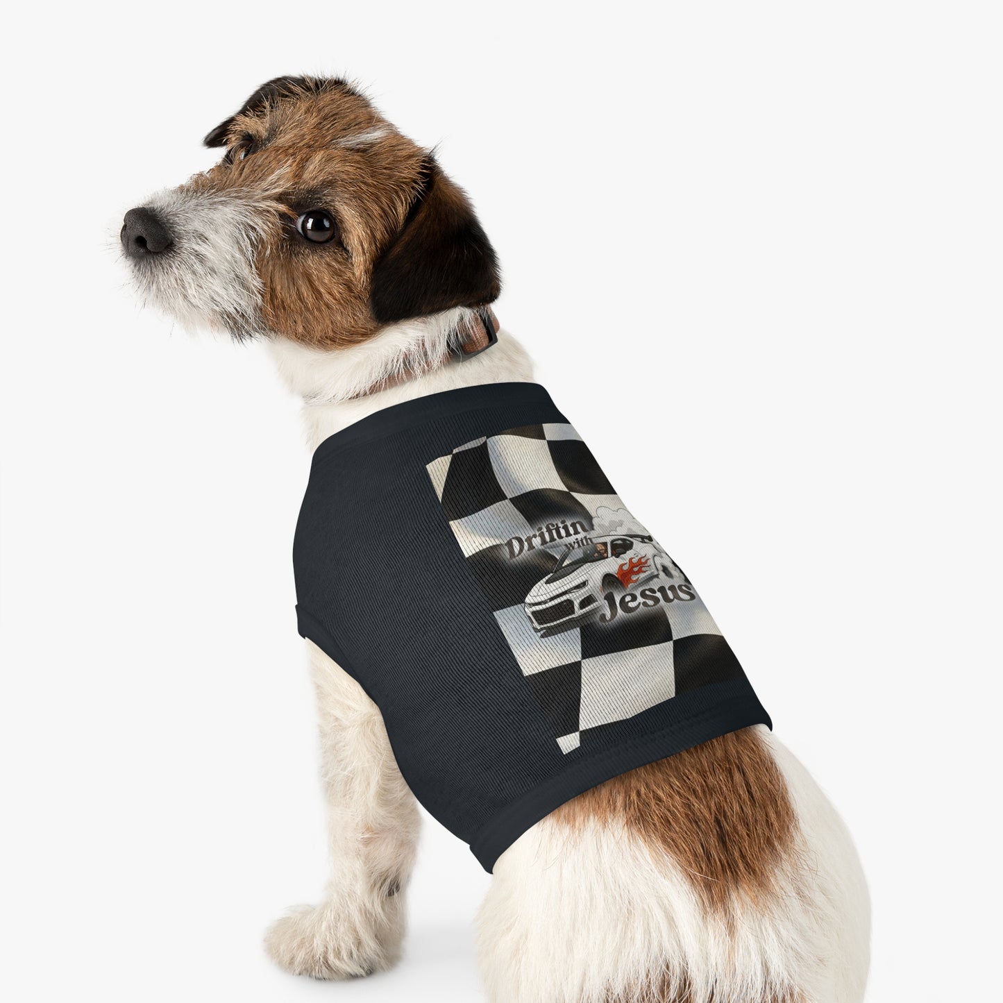 Pet Tank Top — "Driftin' with Jesus" Racing Flag Dog Shirt