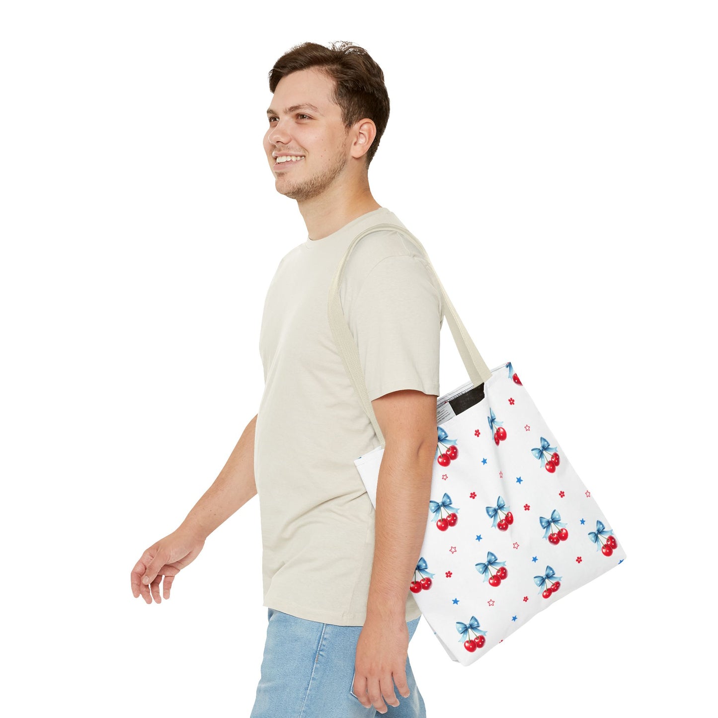 Cherry Bow Tote Bag — Cute Red Cherries with Blue Bows Patterned Shopper