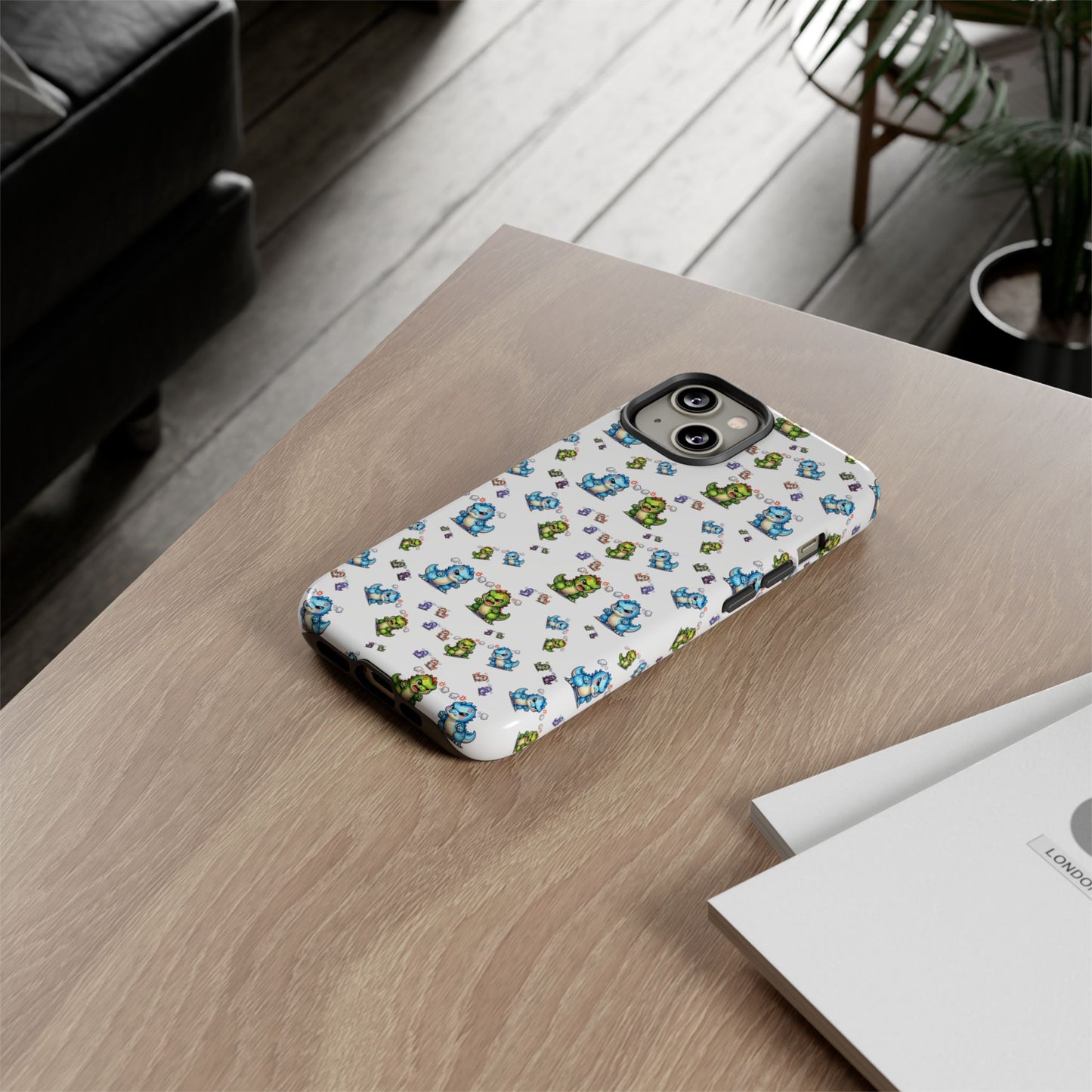 Cute Dino Pattern Phone Case — Cartoon Green & Blue Dino Tough Case, Protective iPhone Cover