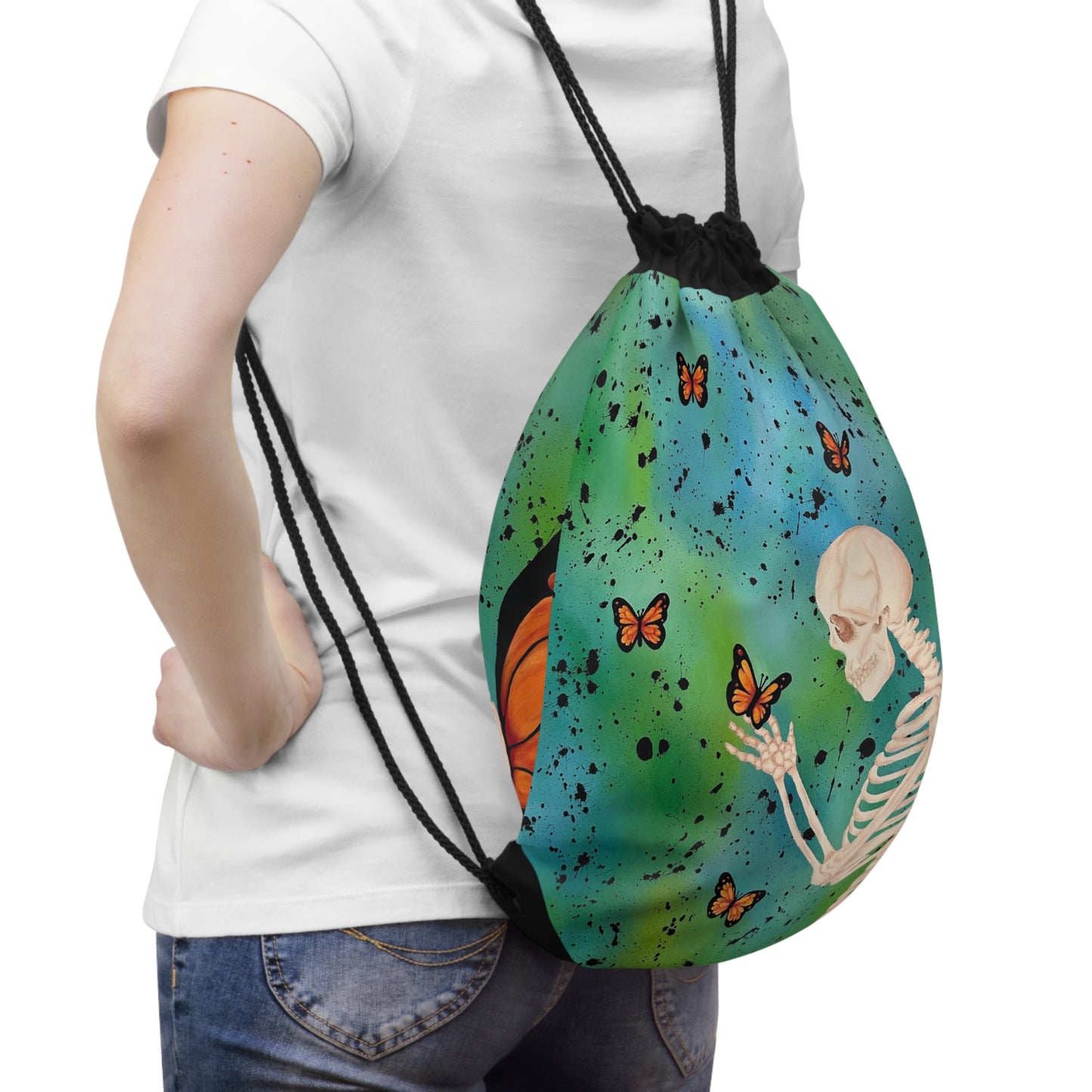 Skeleton with Monarch Wings Drawstring Bag – Butterfly Goth Art Backpack