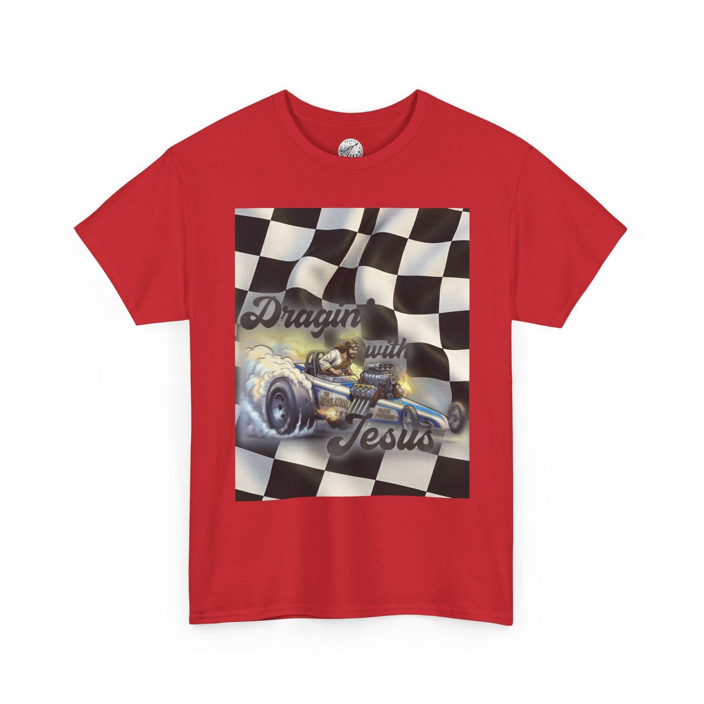 Racing Faith Tee – "Draggin' for Jesus" Checkered Flag Racing T-Shirt