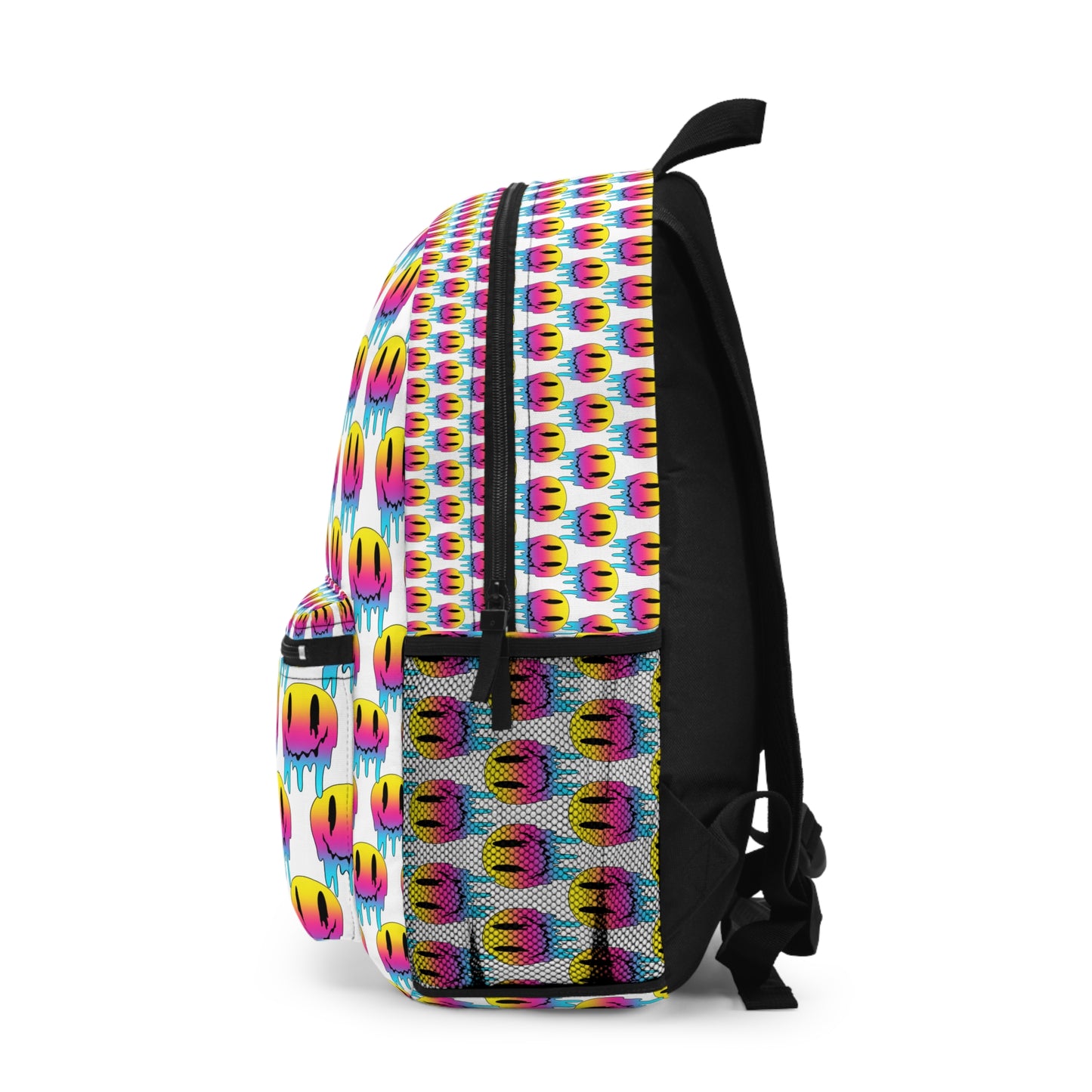 Colorful Drip Smile Backpack — Neon Rainbow Melting Emoji Pattern School Bag