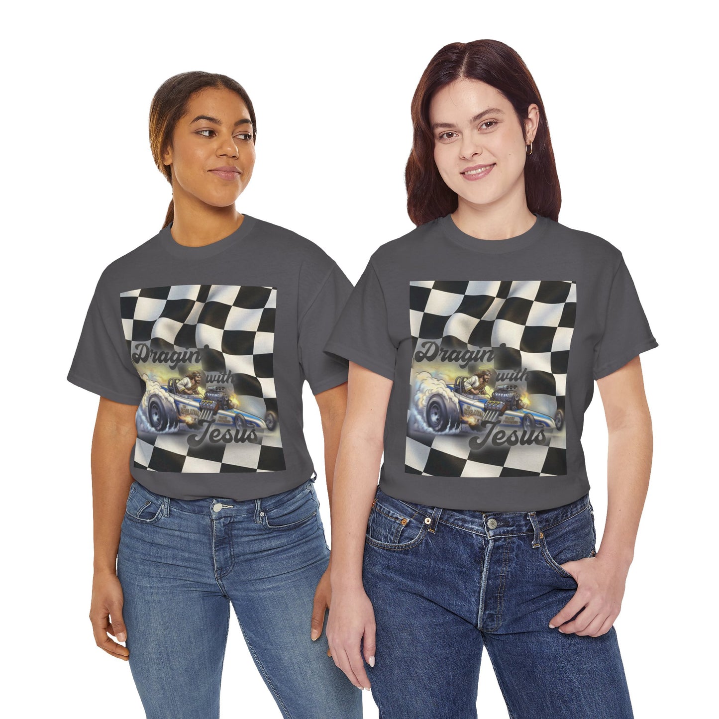 Racing Faith Tee – "Draggin' for Jesus" Checkered Flag Racing T-Shirt