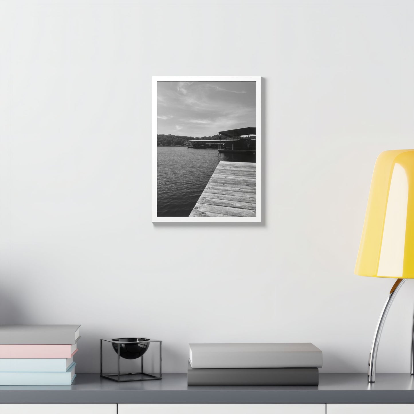 Lake Dock Framed Poster — Black & White Waterfront Wall Art