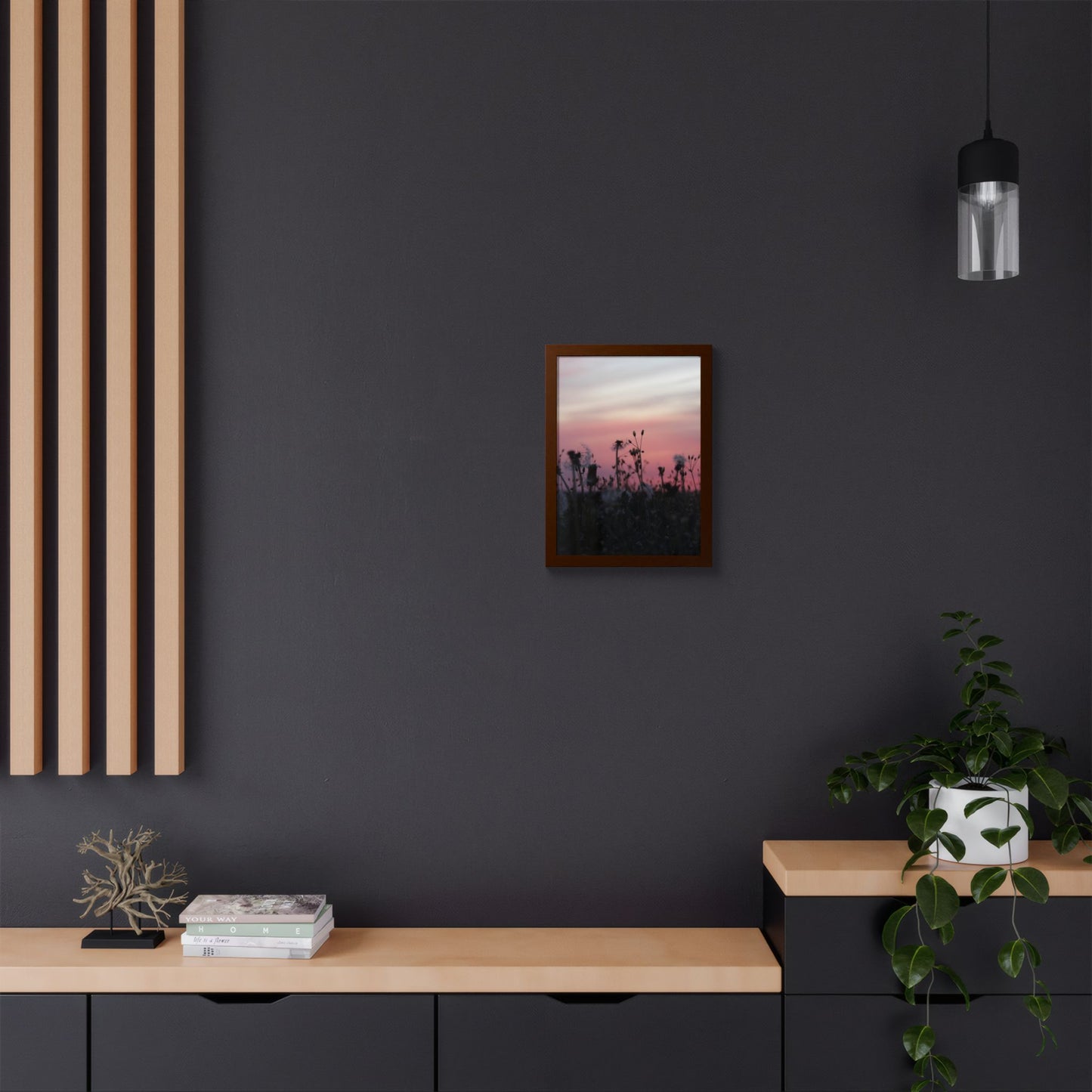 Sunset Meadow Framed Poster — Pink Sky Wildflower Wall Art