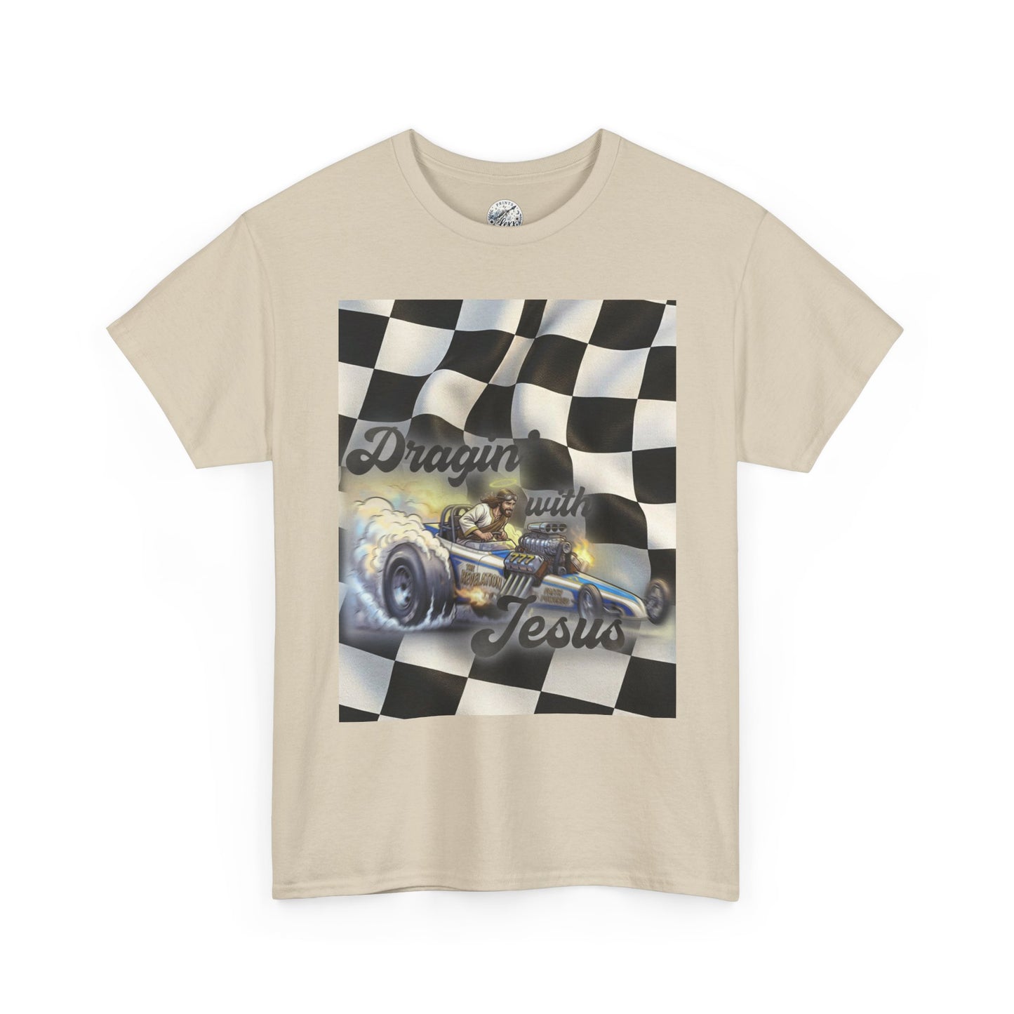 Racing Faith Tee – "Draggin' for Jesus" Checkered Flag Racing T-Shirt