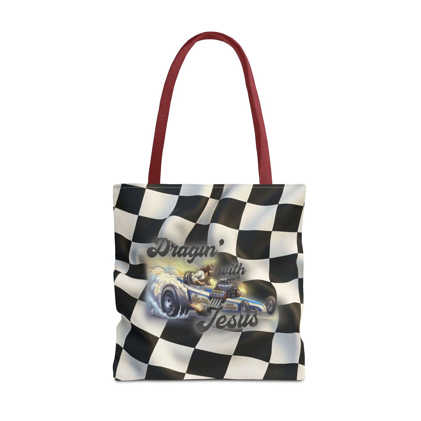 Dragin' Jesus Racing Tote Bag — Checkered Flag Vintage Hot Rod Tote