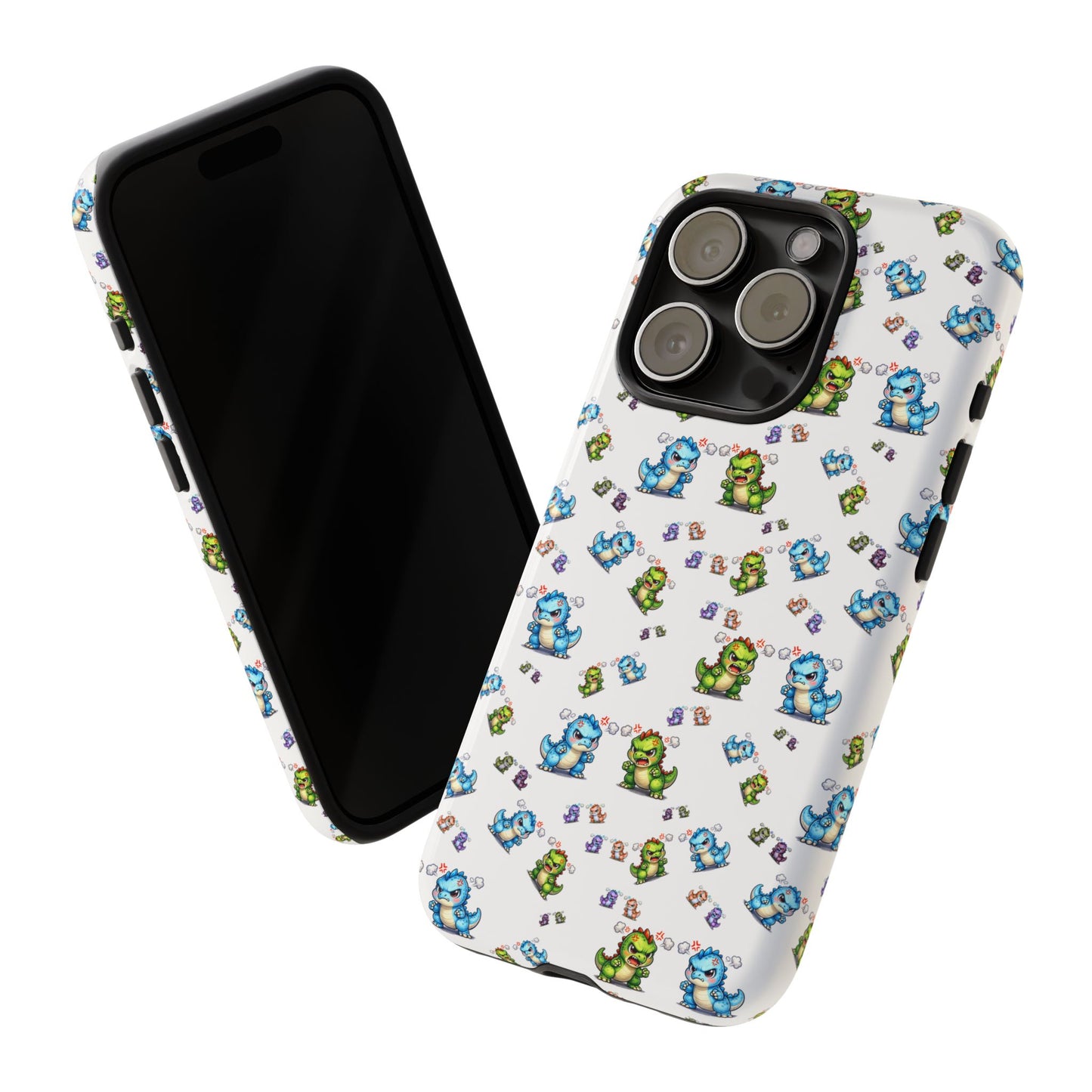 Cute Dino Pattern Phone Case — Cartoon Green & Blue Dino Tough Case, Protective iPhone Cover