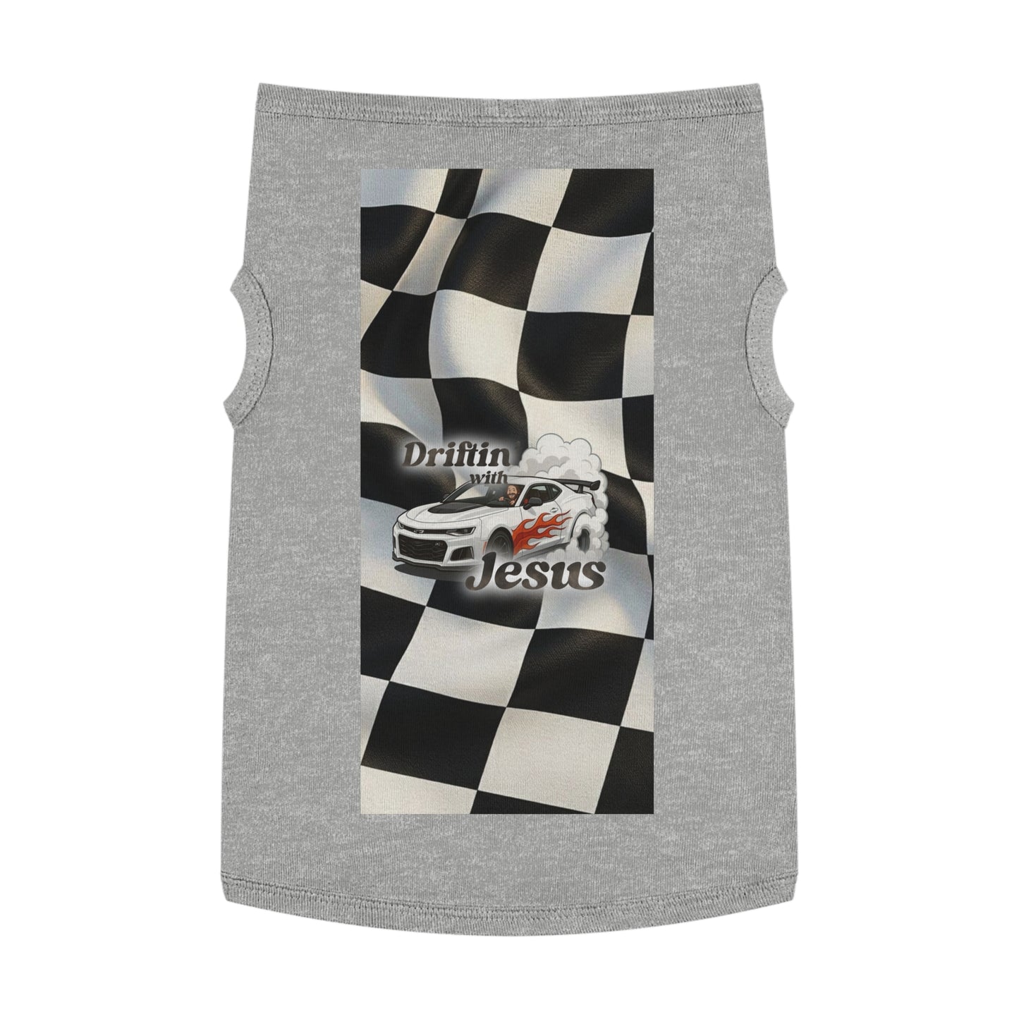 Pet Tank Top — "Driftin' with Jesus" Racing Flag Dog Shirt