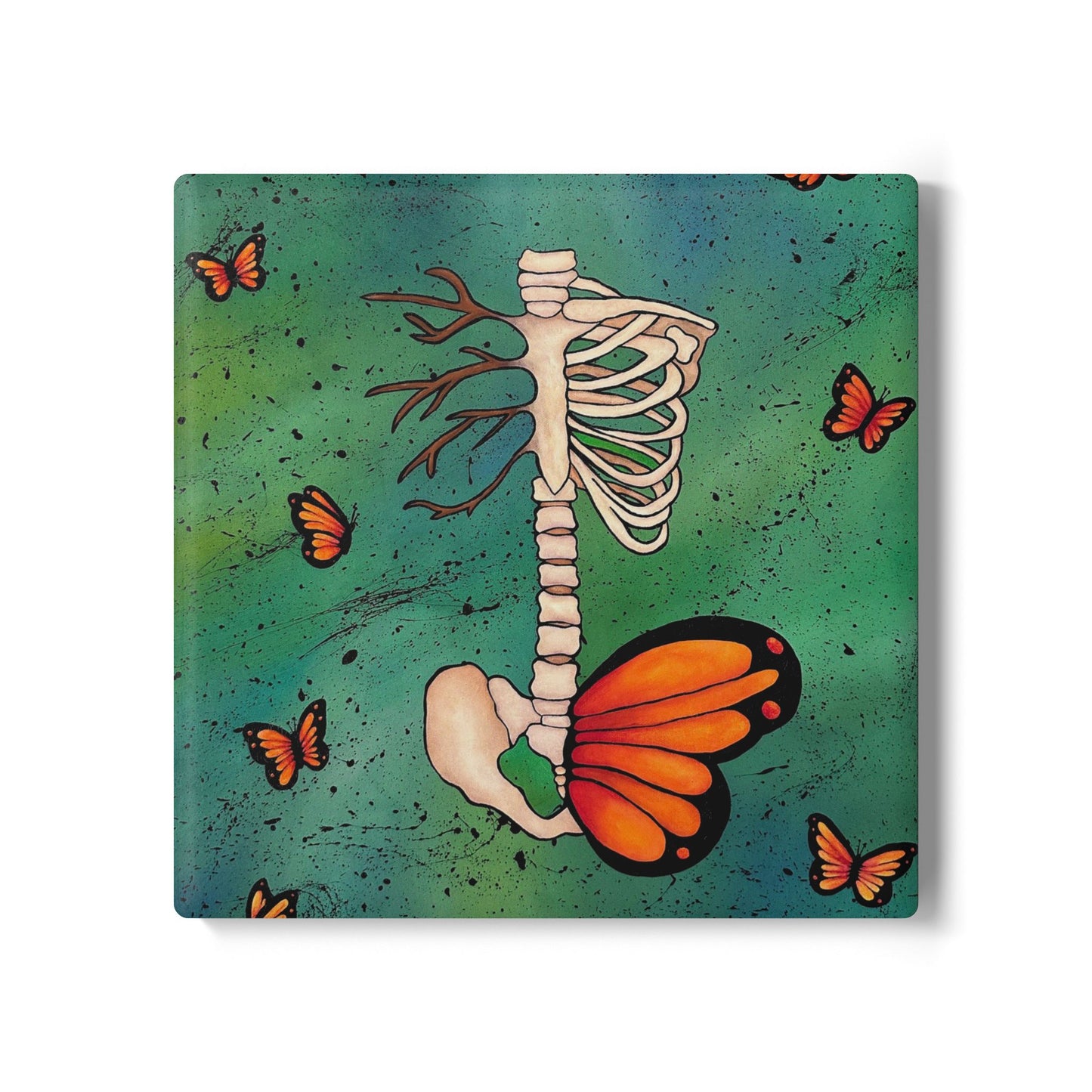 Skeleton & Monarch Butterfly Ceramic Coaster — Gothic Nature Drink Coaster