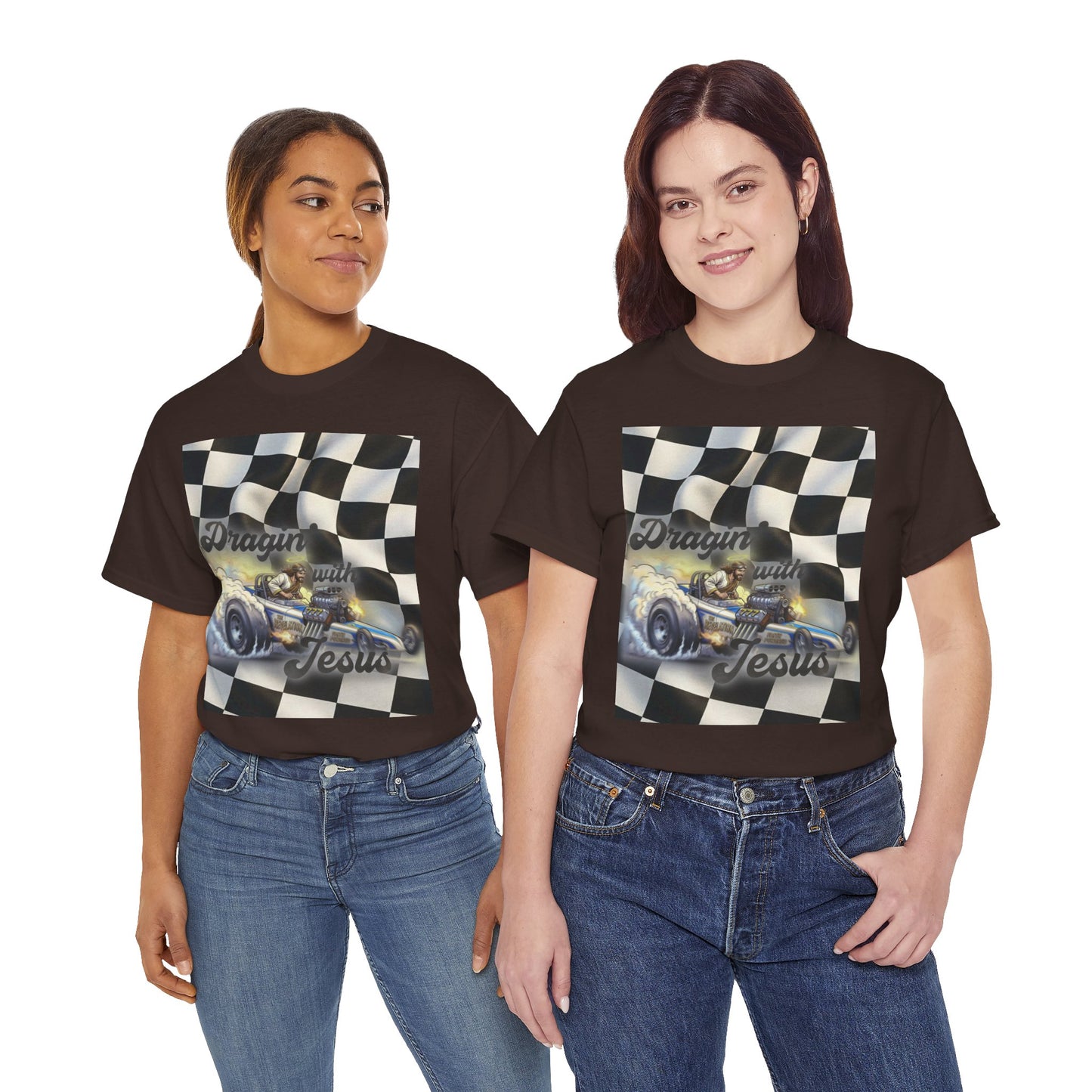 Racing Faith Tee – "Draggin' for Jesus" Checkered Flag Racing T-Shirt