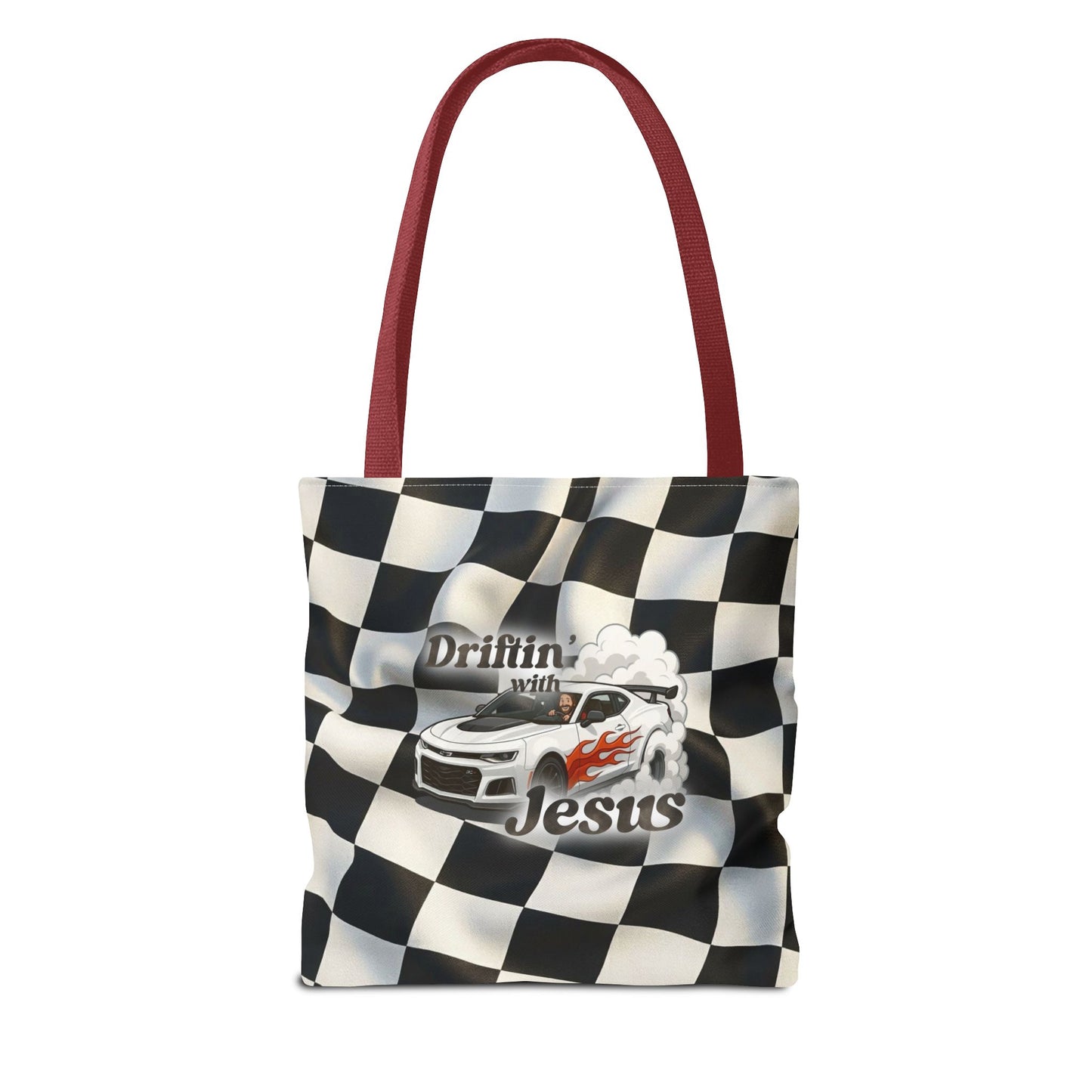 Driftin' with Jesus Racing Tote Bag - Checkered Flag Christian Car Gift