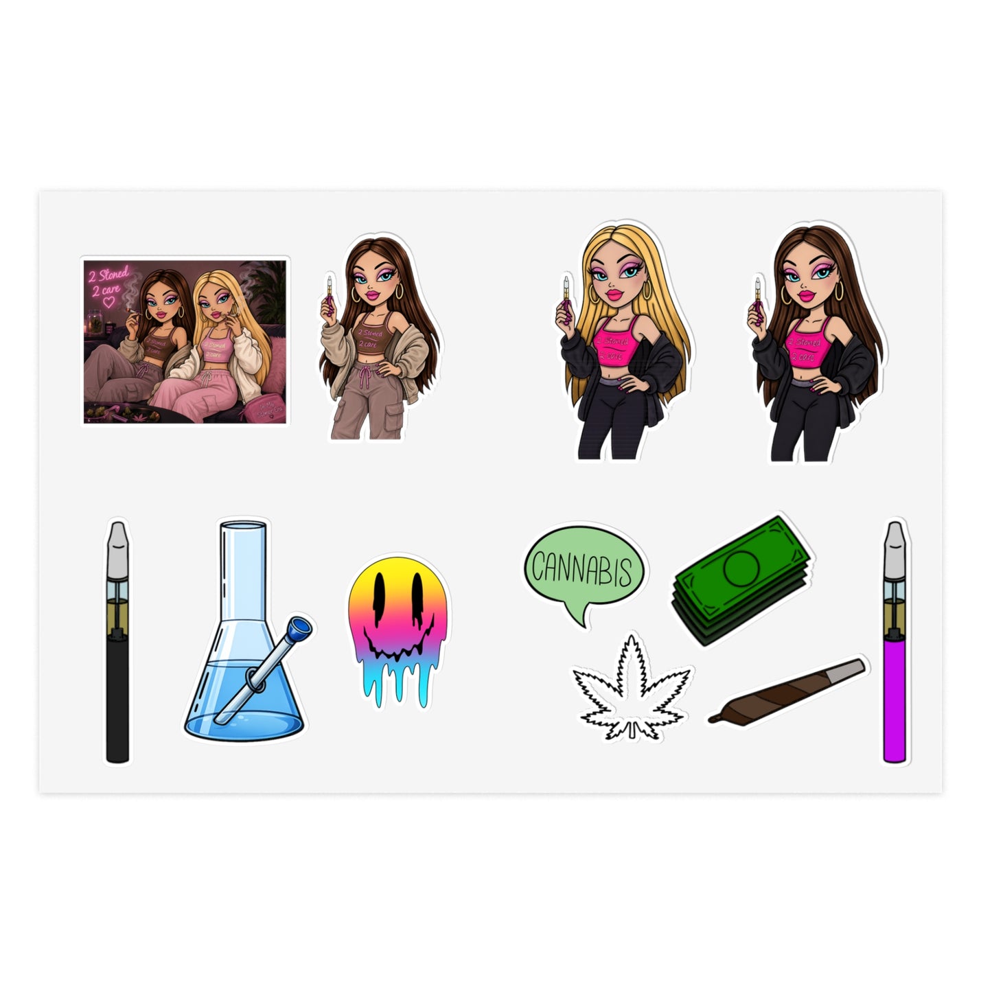 Cannabis Vibes Sticker Sheet — Smoking Accessories & Chill Girl Character Stickers