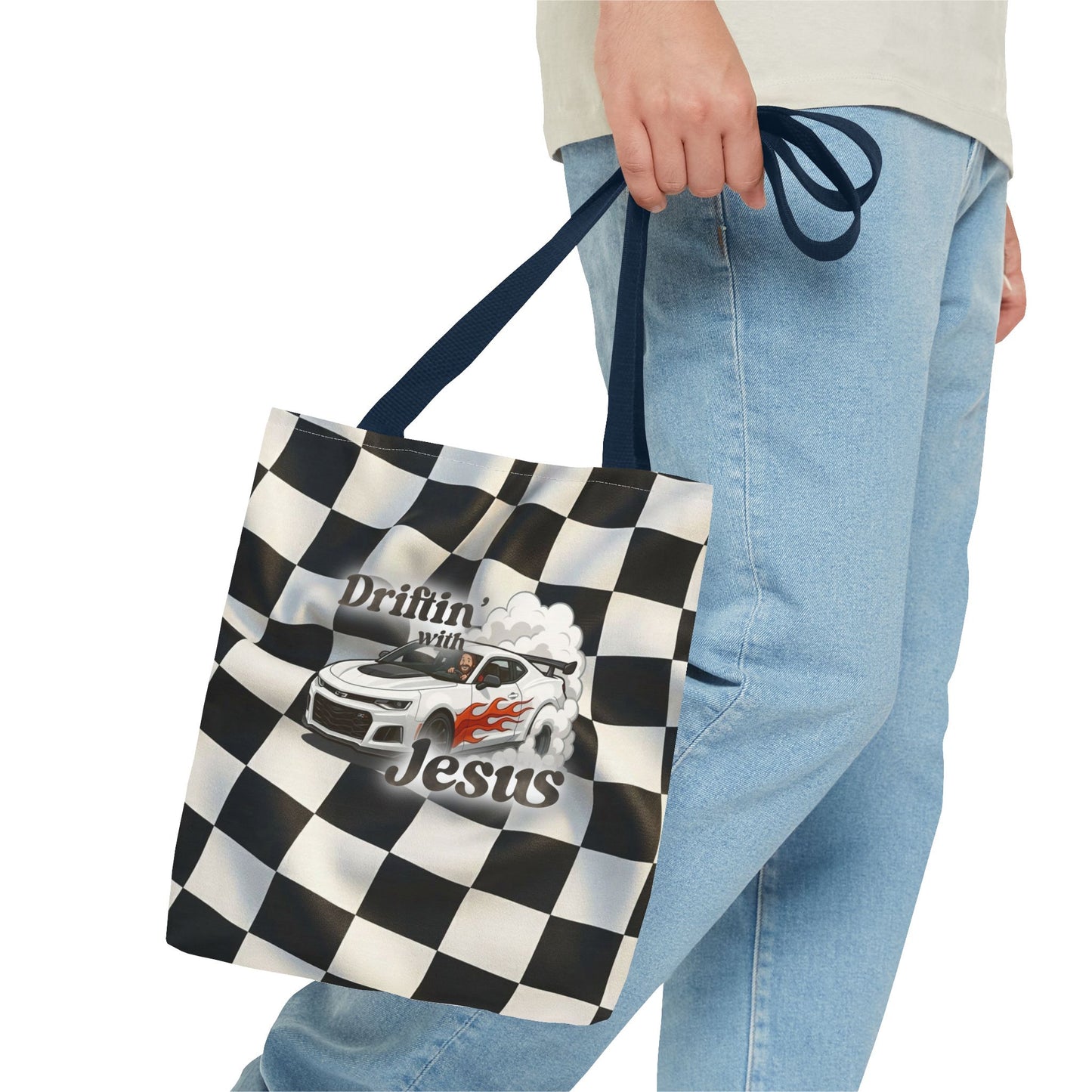 Driftin' with Jesus Racing Tote Bag - Checkered Flag Christian Car Gift
