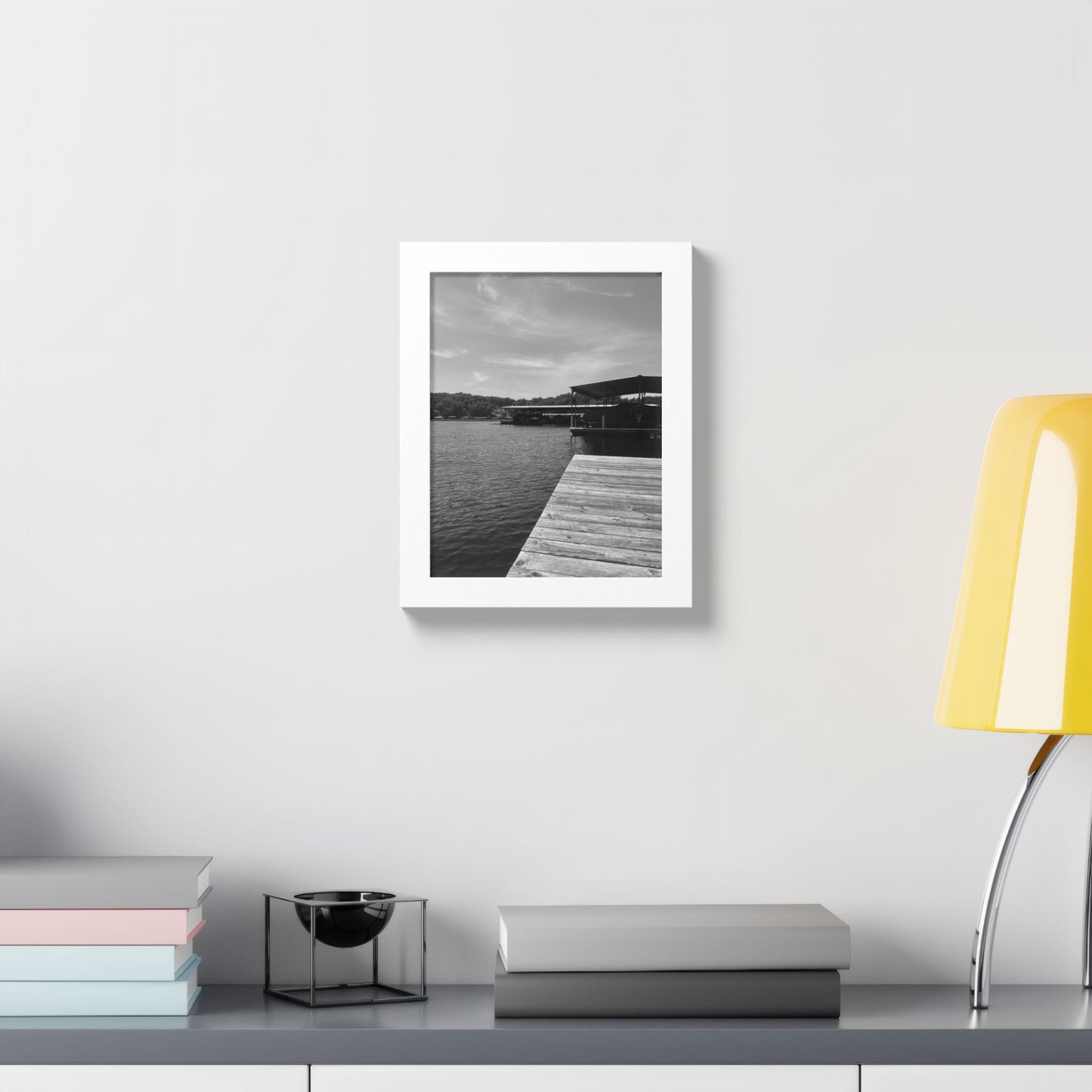 Lake Dock Framed Poster — Black & White Waterfront Wall Art