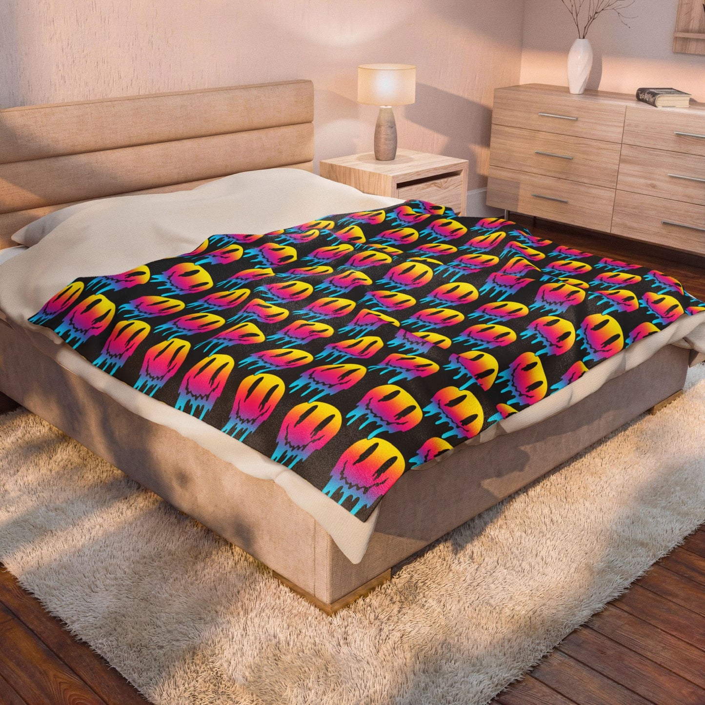 Velveteen Plush Blanket — Colorful Dripping Smiley Face Throw for Teens & Pop Art Lovers
