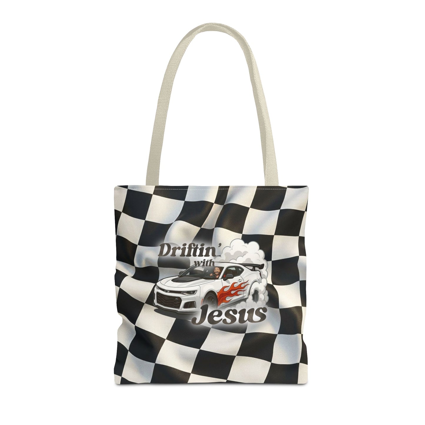 Driftin' with Jesus Racing Tote Bag - Checkered Flag Christian Car Gift