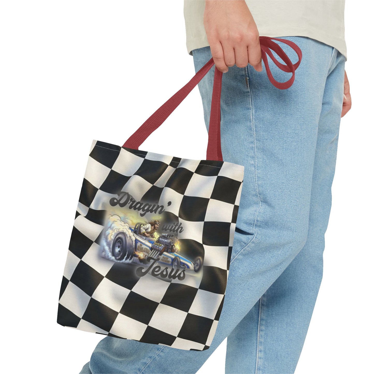 Dragin' Jesus Racing Tote Bag — Checkered Flag Vintage Hot Rod Tote